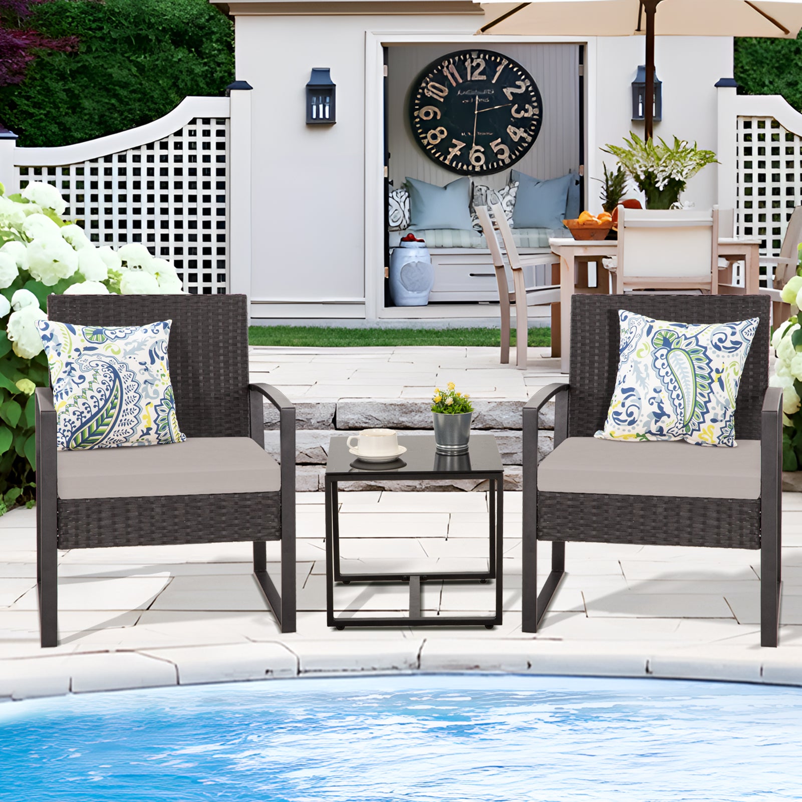 FHFO 3 Pieces Patio Furniture Set, Outdoor Wicker Conversation Bistro Set w/ 2 Chairs, 2 Cushions, Glass Coffee Table for Garden Balcony Backyard Porch Lawn FHFO 3 Pieces Patio Furniture Set, Outdoor Wicker Conversation Bistro Set w/ 2 Chairs, 2 Cushions, Glass Coffee Table for Garden Balcony Backyard Porch Lawn