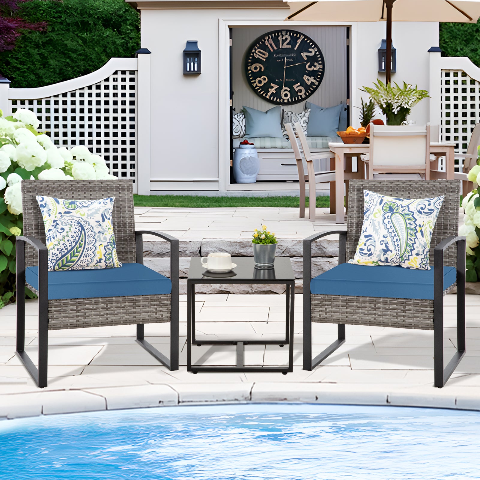 FHFO 3 Pieces Patio Furniture Set, Outdoor Wicker Conversation Bistro Set w/ 2 Chairs, 2 Cushions, Glass Coffee Table for Garden Balcony Backyard Porch Lawn FHFO 3 Pieces Patio Furniture Set, Outdoor Wicker Conversation Bistro Set w/ 2 Chairs, 2 Cushions, Glass Coffee Table for Garden Balcony Backyard Porch Lawn