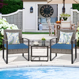 FHFO 3 Pieces Patio Furniture Set, Outdoor Wicker Conversation Bistro Set w/ 2 Chairs, 2 Cushions, Glass Coffee Table for Garden Balcony Backyard Porch Lawn FHFO 3 Pieces Patio Furniture Set, Outdoor Wicker Conversation Bistro Set w/ 2 Chairs, 2 Cushions, Glass Coffee Table for Garden Balcony Backyard Porch Lawn