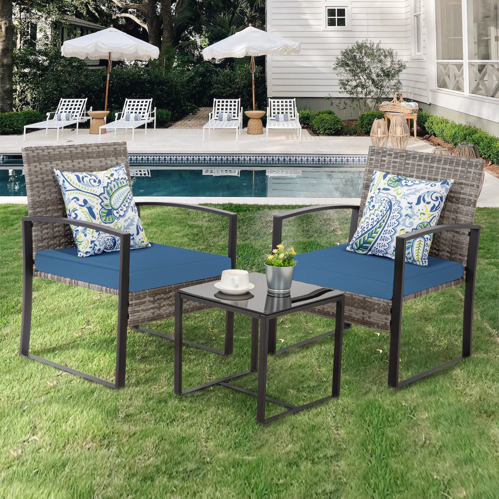FHFO 3 Pieces Patio Furniture Set, Outdoor Wicker Conversation Bistro Set w/ 2 Chairs, 2 Cushions, Glass Coffee Table for Garden Balcony Backyard Porch Lawn FHFO 3 Pieces Patio Furniture Set, Outdoor Wicker Conversation Bistro Set w/ 2 Chairs, 2 Cushions, Glass Coffee Table for Garden Balcony Backyard Porch Lawn