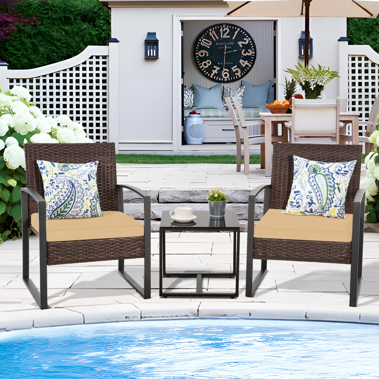 FHFO 3 Pieces Patio Furniture Set, Outdoor Wicker Conversation Bistro Set w/ 2 Chairs, 2 Cushions, Glass Coffee Table for Garden Balcony Backyard Porch Lawn FHFO 3 Pieces Patio Furniture Set, Outdoor Wicker Conversation Bistro Set w/ 2 Chairs, 2 Cushions, Glass Coffee Table for Garden Balcony Backyard Porch Lawn
