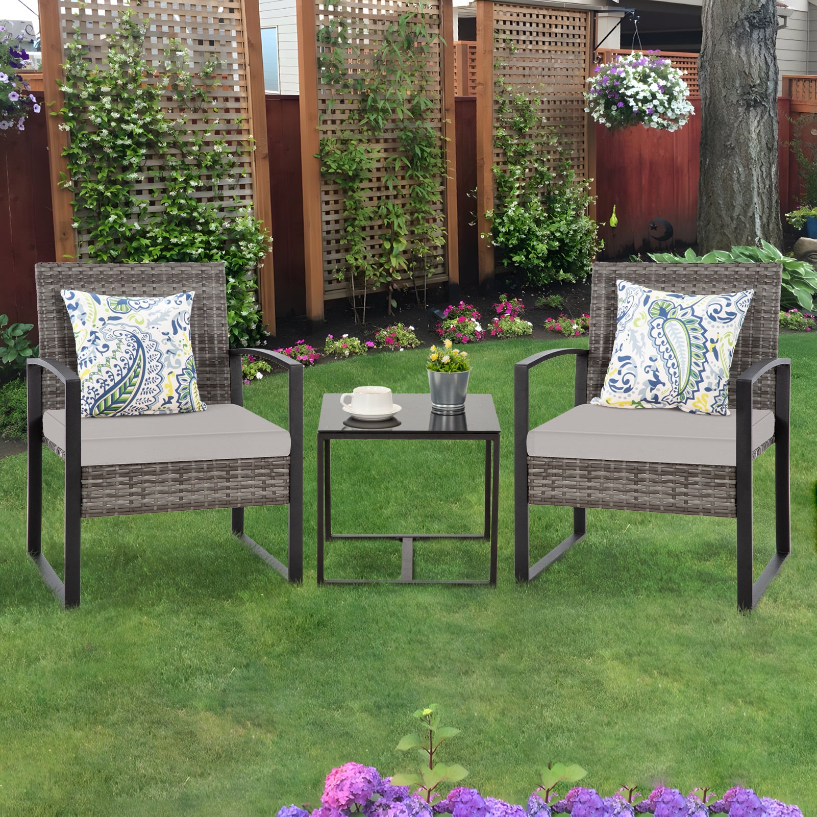 FHFO 3 Pieces Patio Furniture Set, Outdoor Wicker Conversation Bistro Set w/ 2 Chairs, 2 Cushions, Glass Coffee Table for Garden Balcony Backyard Porch Lawn FHFO 3 Pieces Patio Furniture Set, Outdoor Wicker Conversation Bistro Set w/ 2 Chairs, 2 Cushions, Glass Coffee Table for Garden Balcony Backyard Porch Lawn