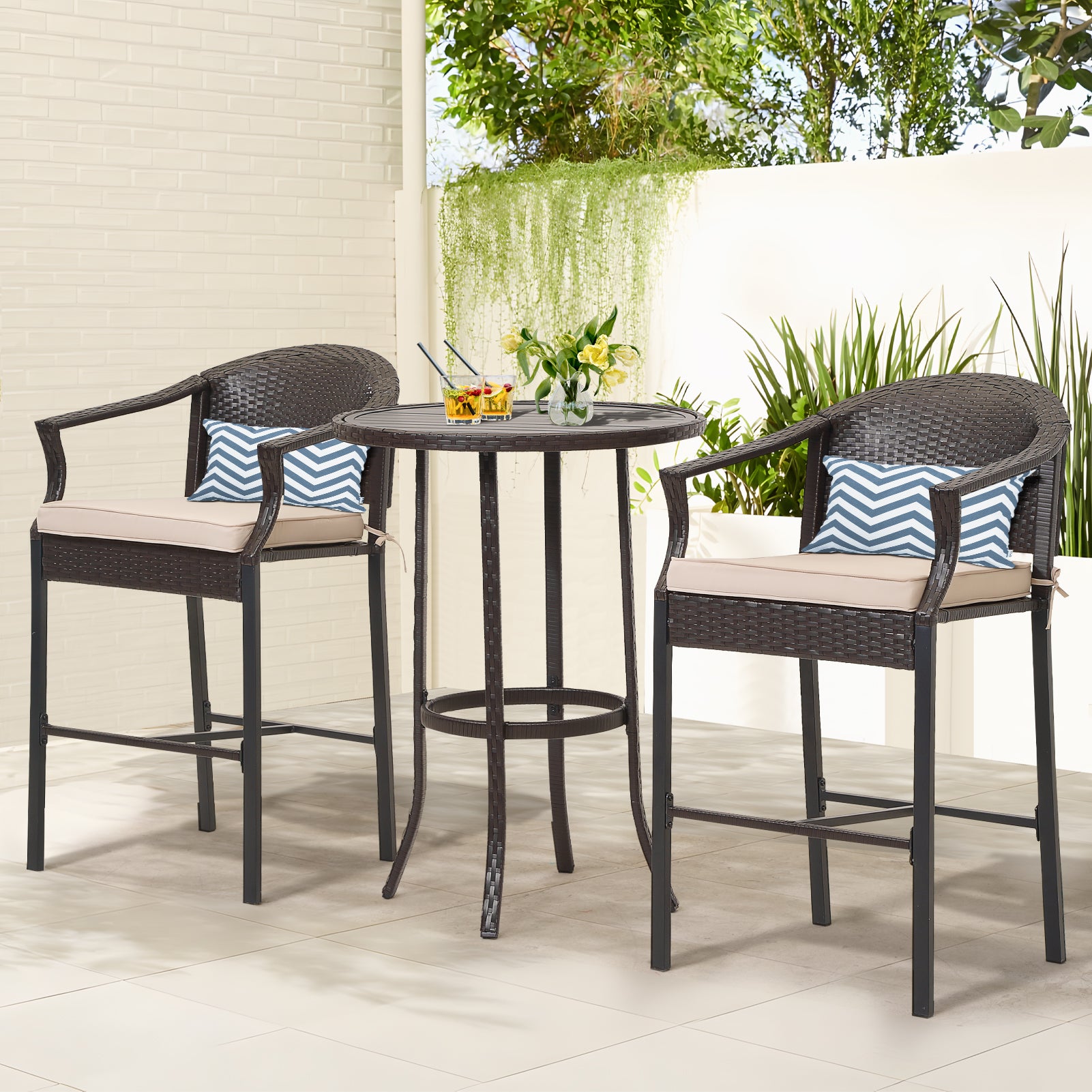 3 Piece Patio Bar Set, Outdoor Rattan Wicker Bar Height Table and Chairs Set, High Top Bistro Set with Pub Table and 2 Cushioned Stools, Outdoor Furniture Set for Backyard Poolside Porch, Red 3 Piece Patio Bar Set, Outdoor Rattan Wicker Bar Height Table and Chairs Set, High Top Bistro Set with Pub Table and 2 Cushioned Stools, Outdoor Furniture Set for Backyard Poolside Porch, Red