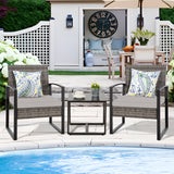 FHFO 3 Pieces Patio Furniture Set, Outdoor Wicker Conversation Bistro Set w/ 2 Chairs, 2 Cushions, Glass Coffee Table for Garden Balcony Backyard Porch Lawn FHFO 3 Pieces Patio Furniture Set, Outdoor Wicker Conversation Bistro Set w/ 2 Chairs, 2 Cushions, Glass Coffee Table for Garden Balcony Backyard Porch Lawn