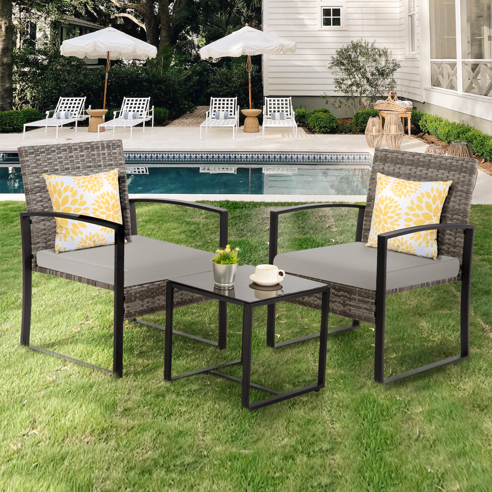 FHFO 3 Pieces Patio Furniture Set, Outdoor Wicker Conversation Bistro Set w/ 2 Chairs, 2 Cushions, Glass Coffee Table for Garden Balcony Backyard Porch Lawn FHFO 3 Pieces Patio Furniture Set, Outdoor Wicker Conversation Bistro Set w/ 2 Chairs, 2 Cushions, Glass Coffee Table for Garden Balcony Backyard Porch Lawn