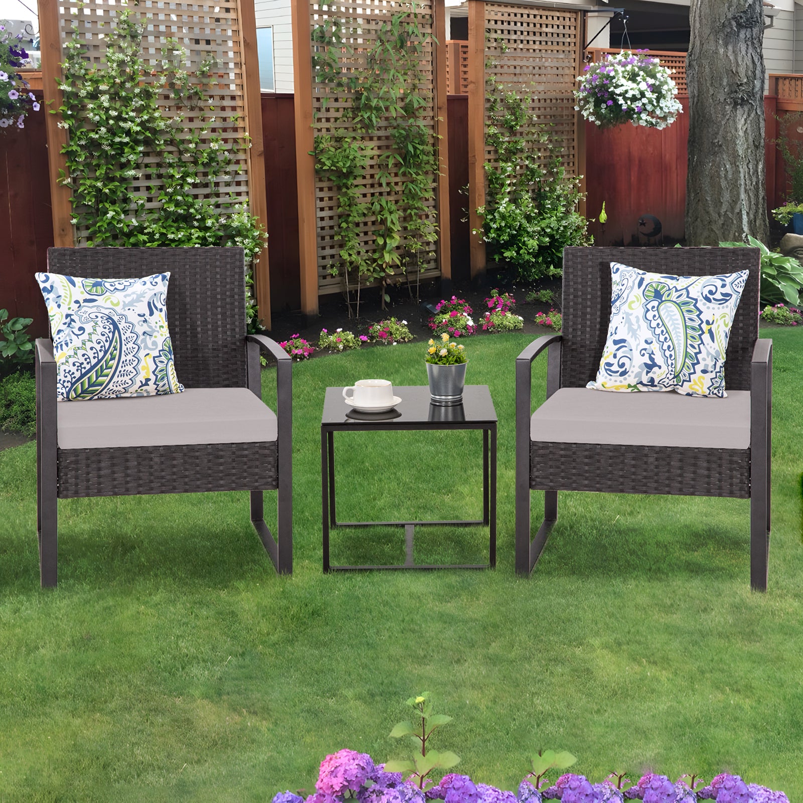 FHFO 3 Pieces Patio Furniture Set, Outdoor Wicker Conversation Bistro Set w/ 2 Chairs, 2 Cushions, Glass Coffee Table for Garden Balcony Backyard Porch Lawn FHFO 3 Pieces Patio Furniture Set, Outdoor Wicker Conversation Bistro Set w/ 2 Chairs, 2 Cushions, Glass Coffee Table for Garden Balcony Backyard Porch Lawn