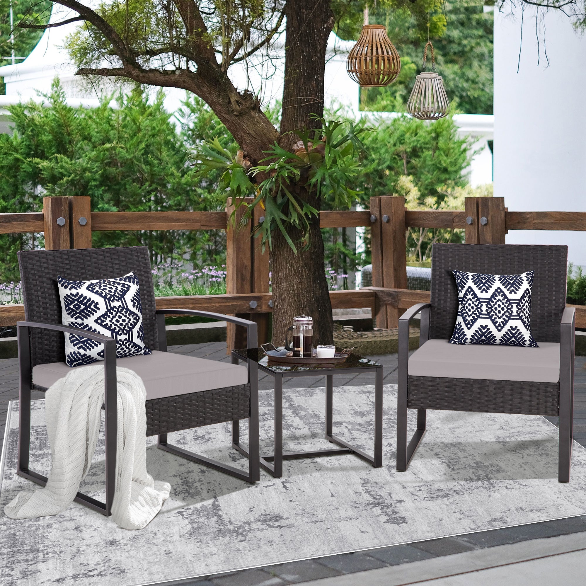 FHFO 3 Pieces Patio Furniture Set, Outdoor Wicker Conversation Bistro Set w/ 2 Chairs, 2 Cushions, Glass Coffee Table for Garden Balcony Backyard Porch Lawn FHFO 3 Pieces Patio Furniture Set, Outdoor Wicker Conversation Bistro Set w/ 2 Chairs, 2 Cushions, Glass Coffee Table for Garden Balcony Backyard Porch Lawn