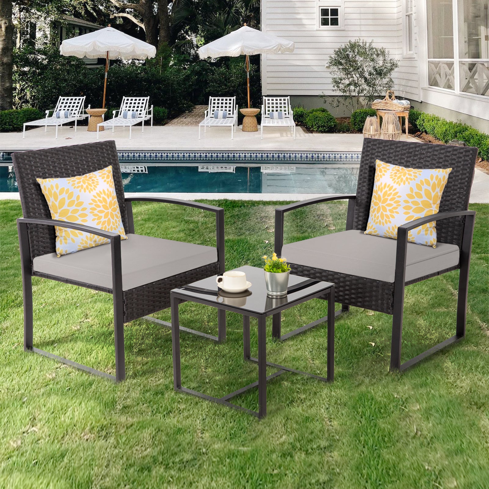 FHFO 3 Pieces Patio Furniture Set, Outdoor Wicker Conversation Bistro Set w/ 2 Chairs, 2 Cushions, Glass Coffee Table for Garden Balcony Backyard Porch Lawn FHFO 3 Pieces Patio Furniture Set, Outdoor Wicker Conversation Bistro Set w/ 2 Chairs, 2 Cushions, Glass Coffee Table for Garden Balcony Backyard Porch Lawn