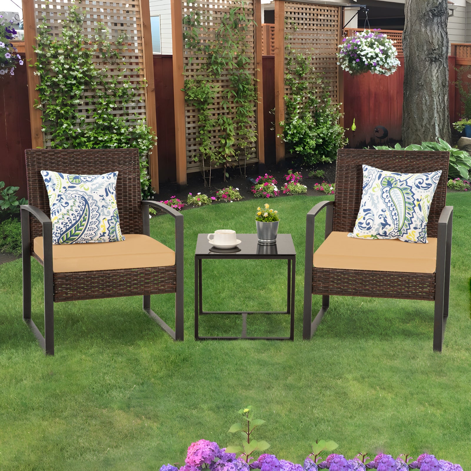 FHFO 3 Pieces Patio Furniture Set, Outdoor Wicker Conversation Bistro Set w/ 2 Chairs, 2 Cushions, Glass Coffee Table for Garden Balcony Backyard Porch Lawn FHFO 3 Pieces Patio Furniture Set, Outdoor Wicker Conversation Bistro Set w/ 2 Chairs, 2 Cushions, Glass Coffee Table for Garden Balcony Backyard Porch Lawn
