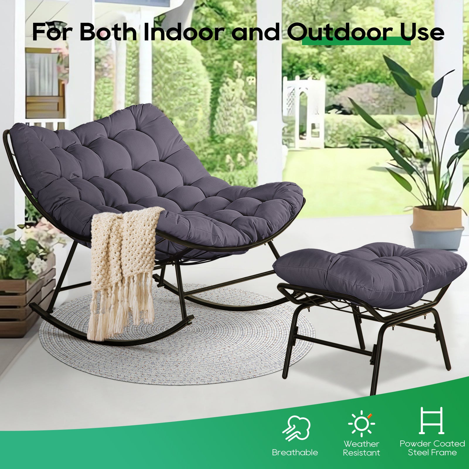 Patio Rocking Papasan Chair, Outdoor & Indoor Egg Reading Recliner Chair, Oversized Royal Comfy Lounge Rocker with Large Cushion and Ottoman for Bedroom, Living Room, Porch,Beige Patio Rocking Papasan Chair, Outdoor & Indoor Egg Reading Recliner Chair, Oversized Royal Comfy Lounge Rocker with Large Cushion and Ottoman for Bedroom, Living Room, Porch,Beige