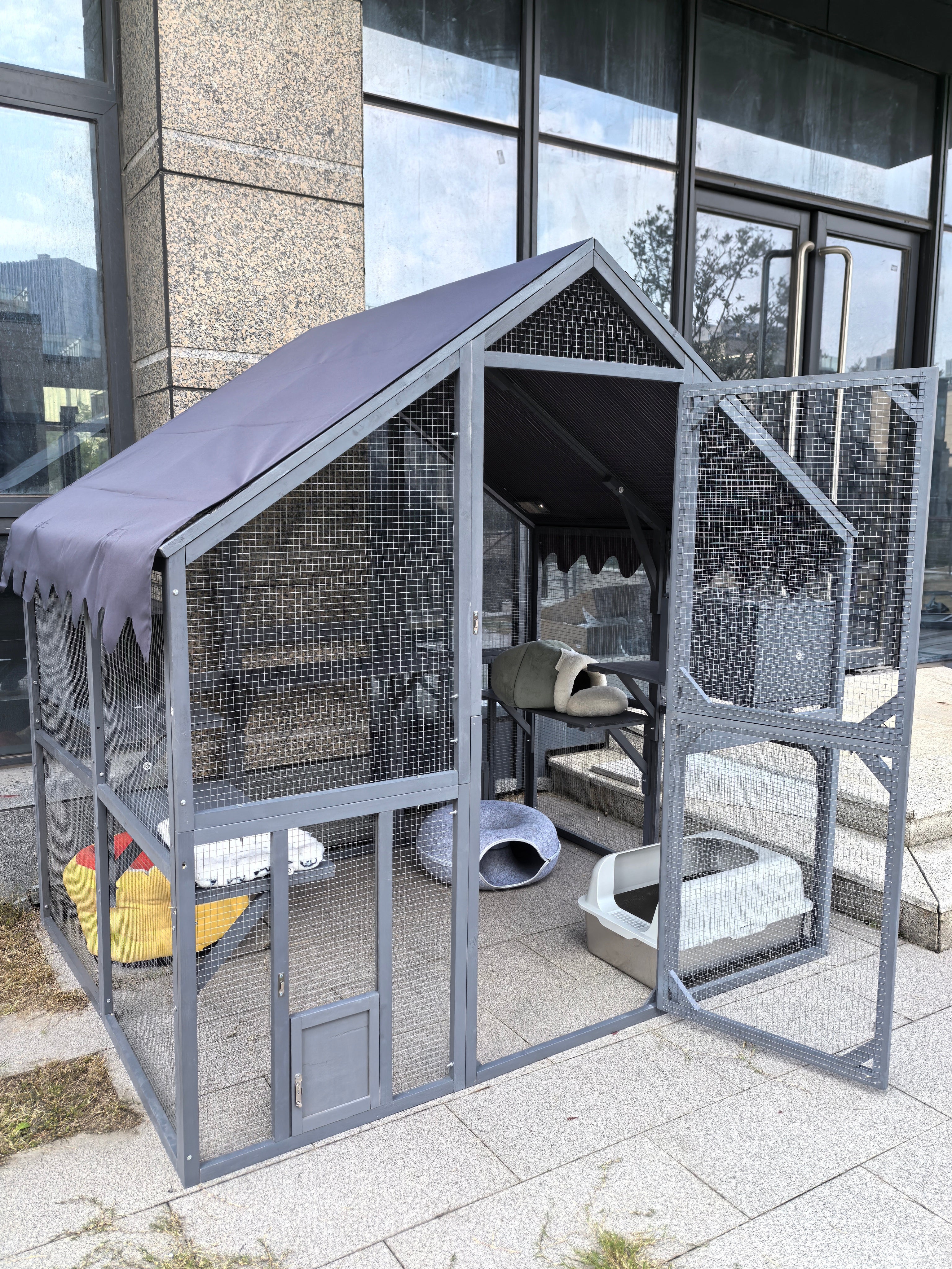 FHFO Catio Outdoor Cat House Enclosure for Multiple Cats, Wooden Cat Cage Condo for Outside with Bridges,Platforms,Small House,Weatherproof Roof - 74" H 111" L FHFO Catio Outdoor Cat House Enclosure for Multiple Cats, Wooden Cat Cage Condo for Outside with Bridges,Platforms,Small House,Weatherproof Roof - 74" H 111" L