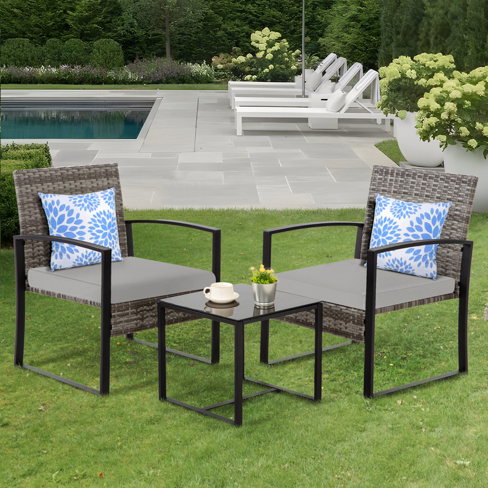 FHFO 3 Pieces Patio Furniture Set, Outdoor Wicker Conversation Bistro Set w/ 2 Chairs, 2 Cushions, Glass Coffee Table for Garden Balcony Backyard Porch Lawn - Black Wicker & Grey Cushions FHFO 3 Pieces Patio Furniture Set, Outdoor Wicker Conversation Bistro Set w/ 2 Chairs, 2 Cushions, Glass Coffee Table for Garden Balcony Backyard Porch Lawn - Black Wicker & Grey Cushions