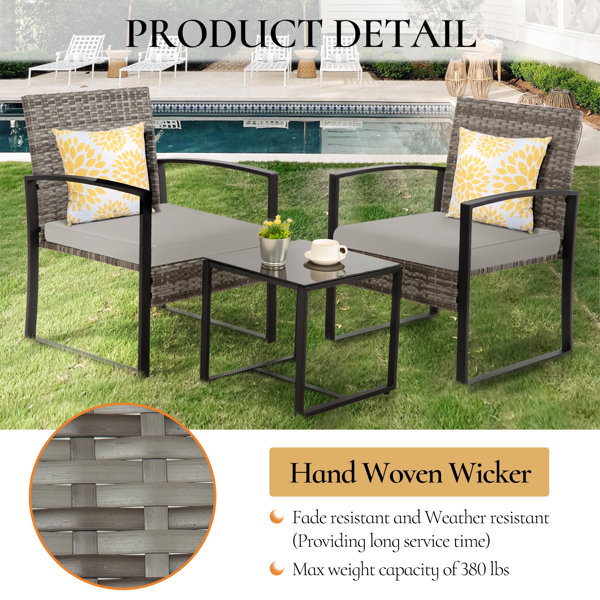 FHFO 3 Pieces Patio Furniture Set, Outdoor Wicker Conversation Bistro Set w/ 2 Chairs, 2 Cushions, Glass Coffee Table for Garden Balcony Backyard Porch Lawn FHFO 3 Pieces Patio Furniture Set, Outdoor Wicker Conversation Bistro Set w/ 2 Chairs, 2 Cushions, Glass Coffee Table for Garden Balcony Backyard Porch Lawn