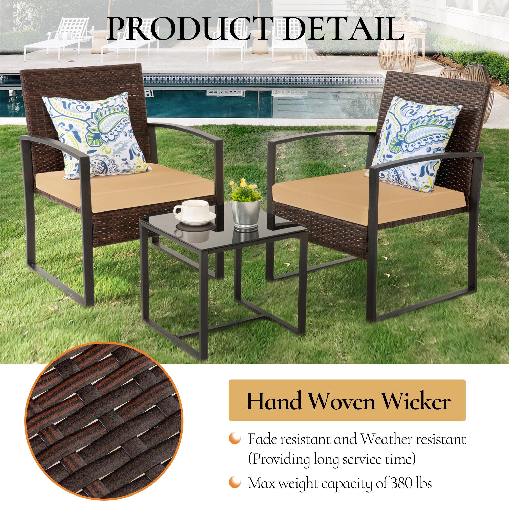 FHFO 3 Pieces Patio Furniture Set, Outdoor Wicker Conversation Bistro Set w/ 2 Chairs, 2 Cushions, Glass Coffee Table for Garden Balcony Backyard Porch Lawn FHFO 3 Pieces Patio Furniture Set, Outdoor Wicker Conversation Bistro Set w/ 2 Chairs, 2 Cushions, Glass Coffee Table for Garden Balcony Backyard Porch Lawn