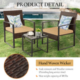 FHFO 3 Pieces Patio Furniture Set, Outdoor Wicker Conversation Bistro Set w/ 2 Chairs, 2 Cushions, Glass Coffee Table for Garden Balcony Backyard Porch Lawn FHFO 3 Pieces Patio Furniture Set, Outdoor Wicker Conversation Bistro Set w/ 2 Chairs, 2 Cushions, Glass Coffee Table for Garden Balcony Backyard Porch Lawn