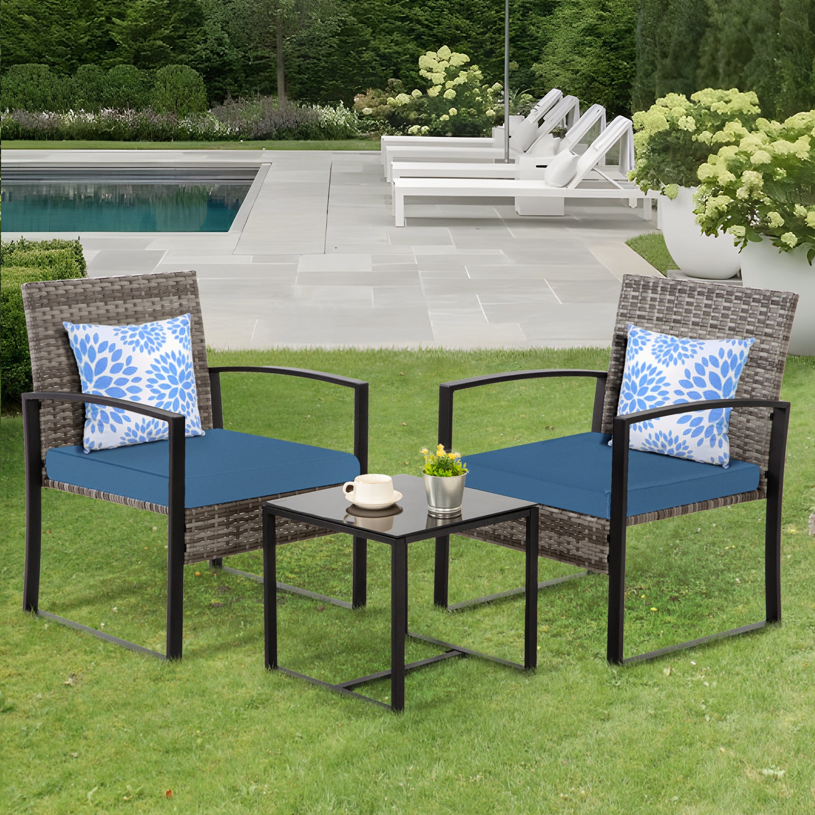 FHFO 3 Pieces Patio Furniture Set, Outdoor Wicker Conversation Bistro Set w/ 2 Chairs, 2 Cushions, Glass Coffee Table for Garden Balcony Backyard Porch Lawn - Black Wicker & Grey Cushions FHFO 3 Pieces Patio Furniture Set, Outdoor Wicker Conversation Bistro Set w/ 2 Chairs, 2 Cushions, Glass Coffee Table for Garden Balcony Backyard Porch Lawn - Black Wicker & Grey Cushions