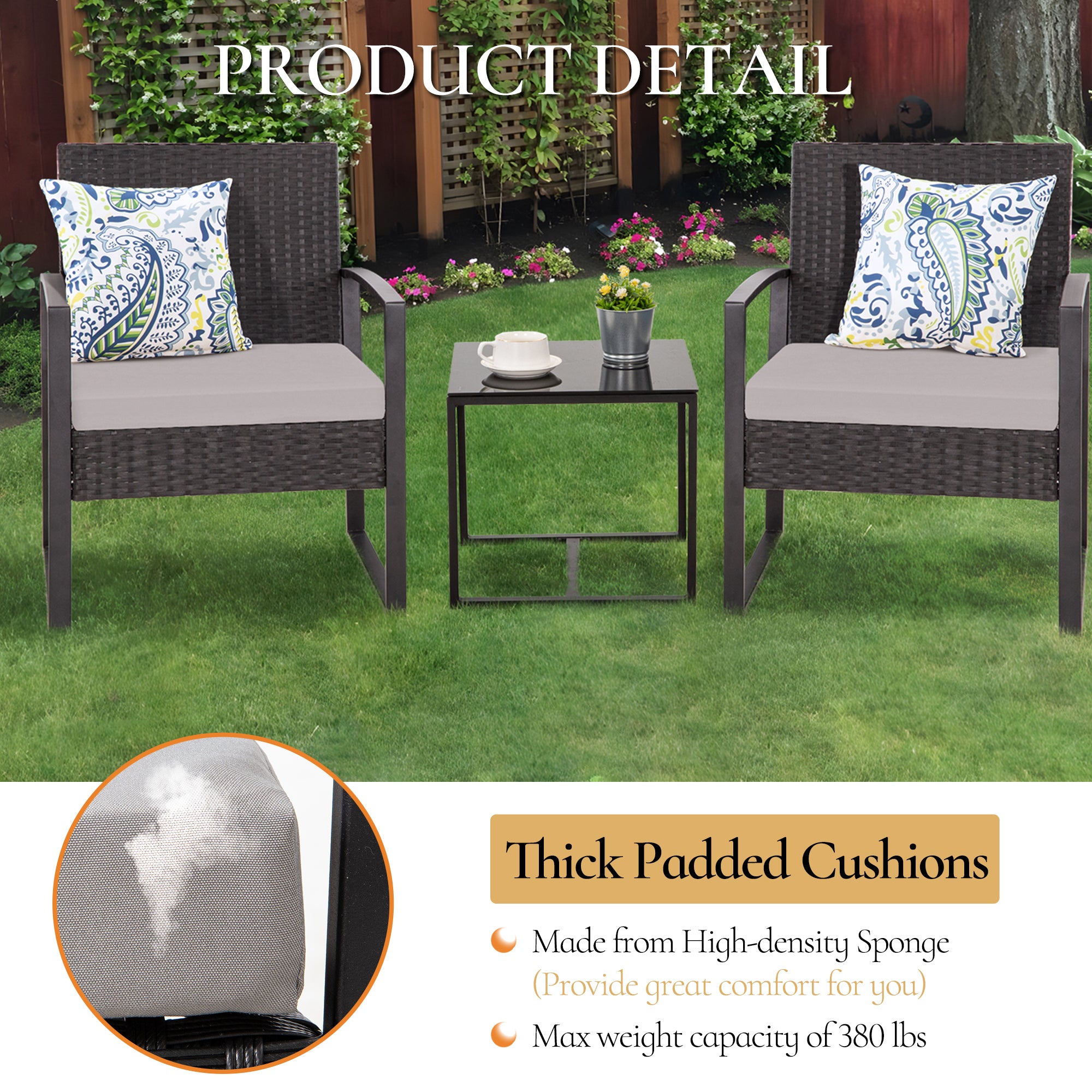 FHFO 3 Pieces Patio Furniture Set, Outdoor Wicker Conversation Bistro Set w/ 2 Chairs, 2 Cushions, Glass Coffee Table for Garden Balcony Backyard Porch Lawn FHFO 3 Pieces Patio Furniture Set, Outdoor Wicker Conversation Bistro Set w/ 2 Chairs, 2 Cushions, Glass Coffee Table for Garden Balcony Backyard Porch Lawn