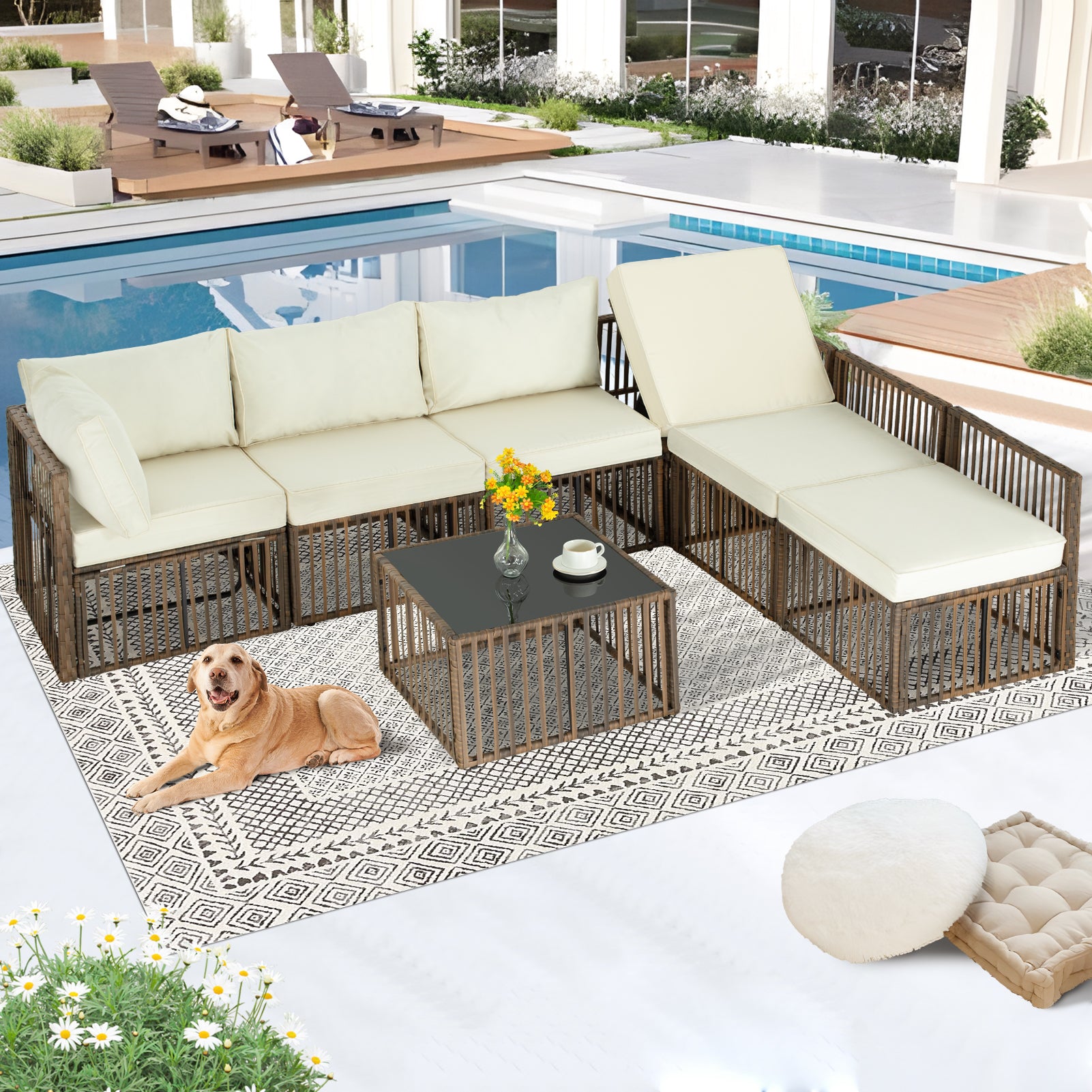 7 Piece Patio Bistro Set with Ottoman, Outdoor Wicker Apartment Balcony Furniture Sets, Rattan Table and Chairs for Porch Backyard Lawn Poolside Deck 7 Piece Patio Bistro Set with Ottoman, Outdoor Wicker Apartment Balcony Furniture Sets, Rattan Table and Chairs for Porch Backyard Lawn Poolside Deck