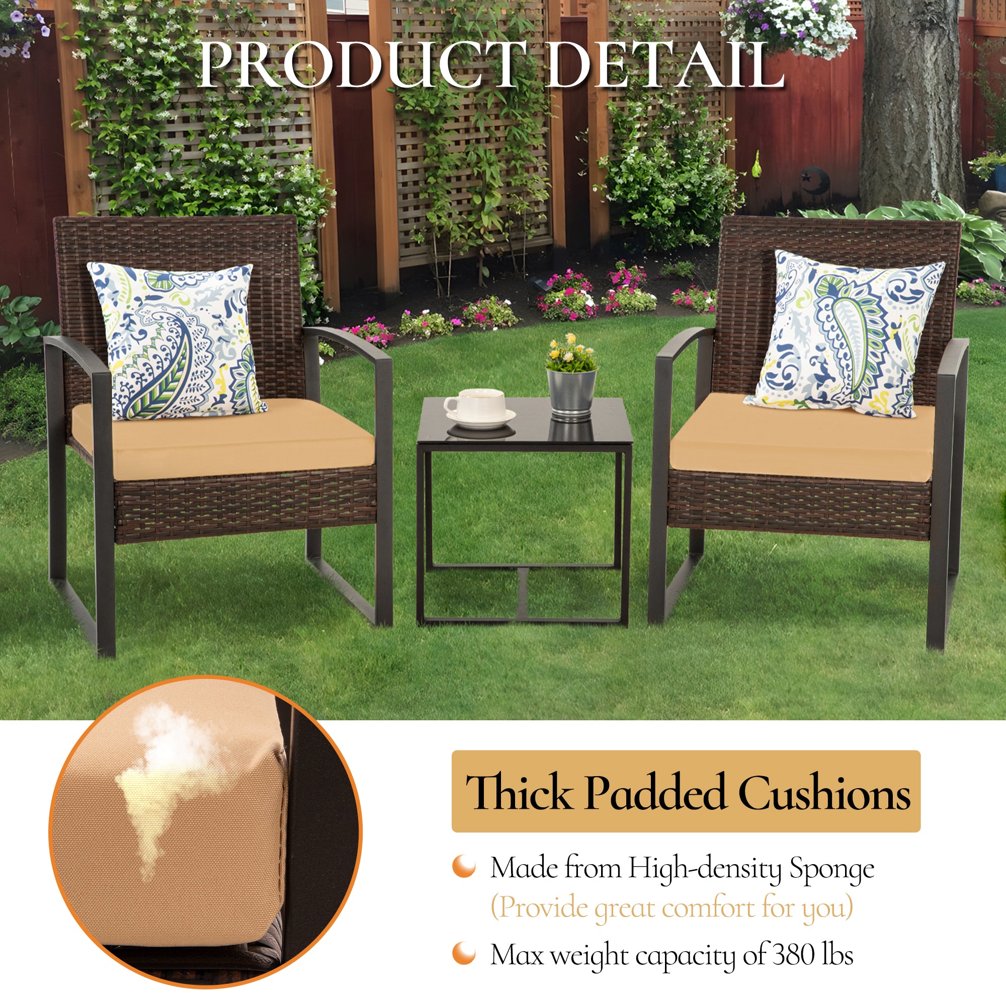 FHFO 3 Pieces Patio Furniture Set, Outdoor Wicker Conversation Bistro Set w/ 2 Chairs, 2 Cushions, Glass Coffee Table for Garden Balcony Backyard Porch Lawn FHFO 3 Pieces Patio Furniture Set, Outdoor Wicker Conversation Bistro Set w/ 2 Chairs, 2 Cushions, Glass Coffee Table for Garden Balcony Backyard Porch Lawn