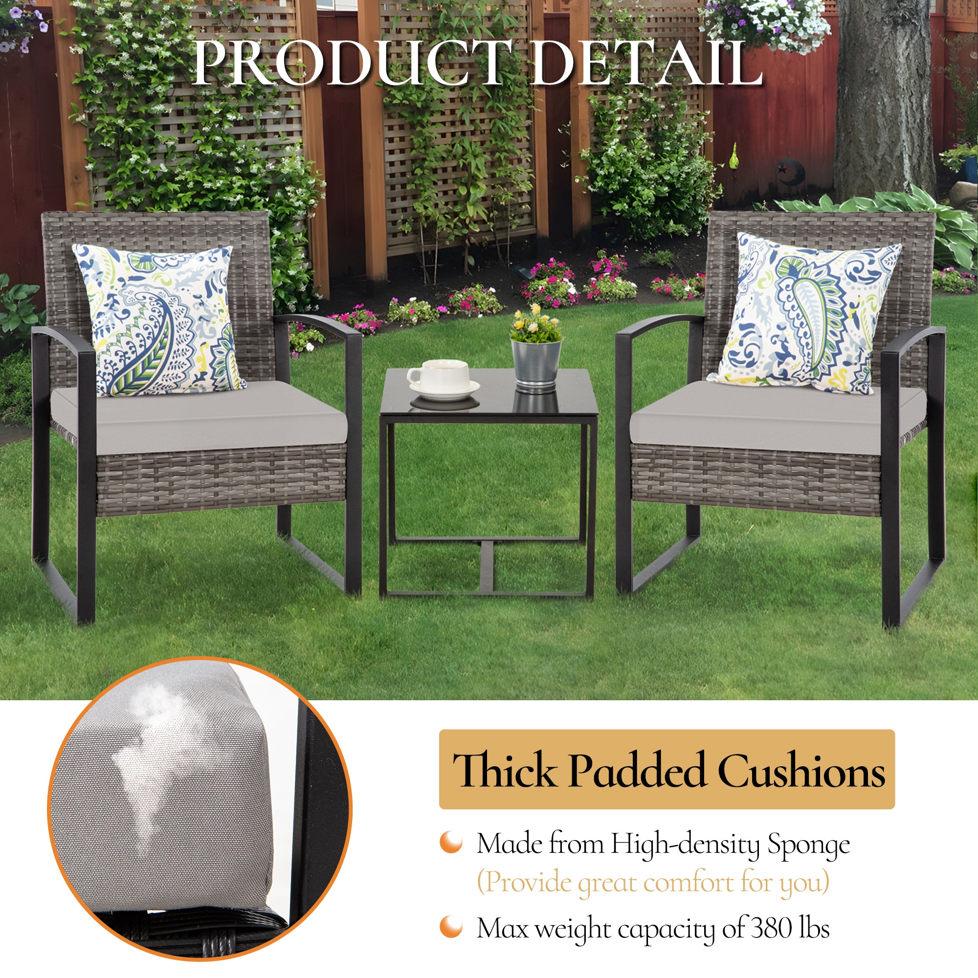 FHFO 3 Pieces Patio Furniture Set, Outdoor Wicker Conversation Bistro Set w/ 2 Chairs, 2 Cushions, Glass Coffee Table for Garden Balcony Backyard Porch Lawn FHFO 3 Pieces Patio Furniture Set, Outdoor Wicker Conversation Bistro Set w/ 2 Chairs, 2 Cushions, Glass Coffee Table for Garden Balcony Backyard Porch Lawn