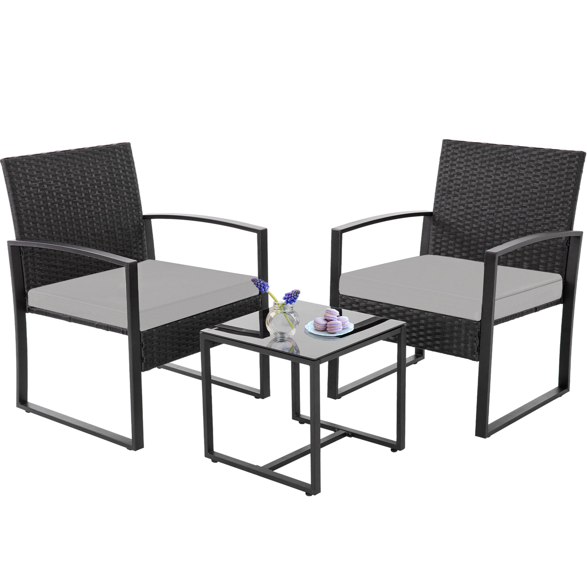 FHFO 3 Pieces Patio Furniture Set, Outdoor Wicker Conversation Bistro Set w/ 2 Chairs, 2 Cushions, Glass Coffee Table for Garden Balcony Backyard Porch Lawn - Black Wicker & Grey Cushions FHFO 3 Pieces Patio Furniture Set, Outdoor Wicker Conversation Bistro Set w/ 2 Chairs, 2 Cushions, Glass Coffee Table for Garden Balcony Backyard Porch Lawn - Black Wicker & Grey Cushions