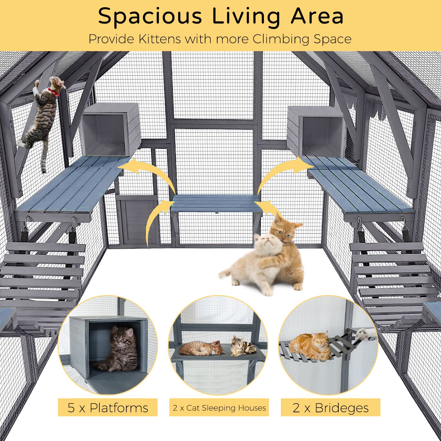 FHFO Catio Outdoor Cat House Enclosure for Multiple Cats, Wooden Cat Cage Condo for Outside with Bridges,Platforms,Small House,Weatherproof Roof - 74" H 111" L FHFO Catio Outdoor Cat House Enclosure for Multiple Cats, Wooden Cat Cage Condo for Outside with Bridges,Platforms,Small House,Weatherproof Roof - 74" H 111" L