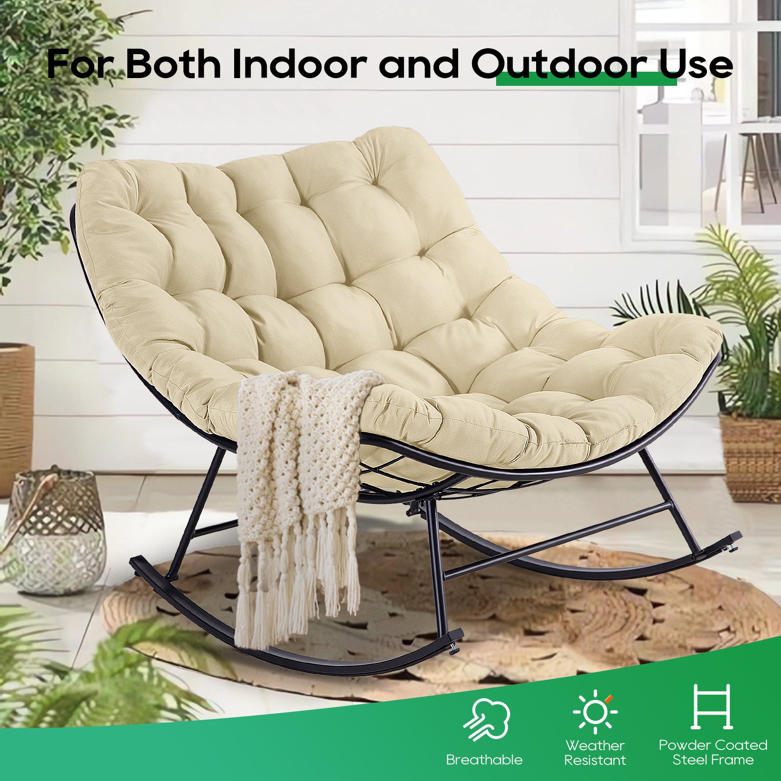 Patio Rocking Papasan Chair, Outdoor & Indoor Egg Reading Recliner Chair, Oversized Royal Comfy Lounge Rocker with Large Cushion and Ottoman for Bedroom, Living Room, Porch,Beige Patio Rocking Papasan Chair, Outdoor & Indoor Egg Reading Recliner Chair, Oversized Royal Comfy Lounge Rocker with Large Cushion and Ottoman for Bedroom, Living Room, Porch,Beige