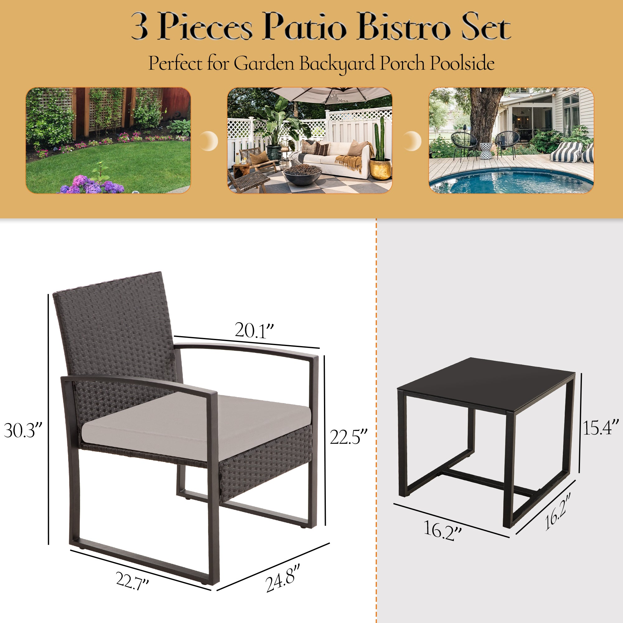 FHFO 3 Pieces Patio Furniture Set, Outdoor Wicker Conversation Bistro Set w/ 2 Chairs, 2 Cushions, Glass Coffee Table for Garden Balcony Backyard Porch Lawn FHFO 3 Pieces Patio Furniture Set, Outdoor Wicker Conversation Bistro Set w/ 2 Chairs, 2 Cushions, Glass Coffee Table for Garden Balcony Backyard Porch Lawn