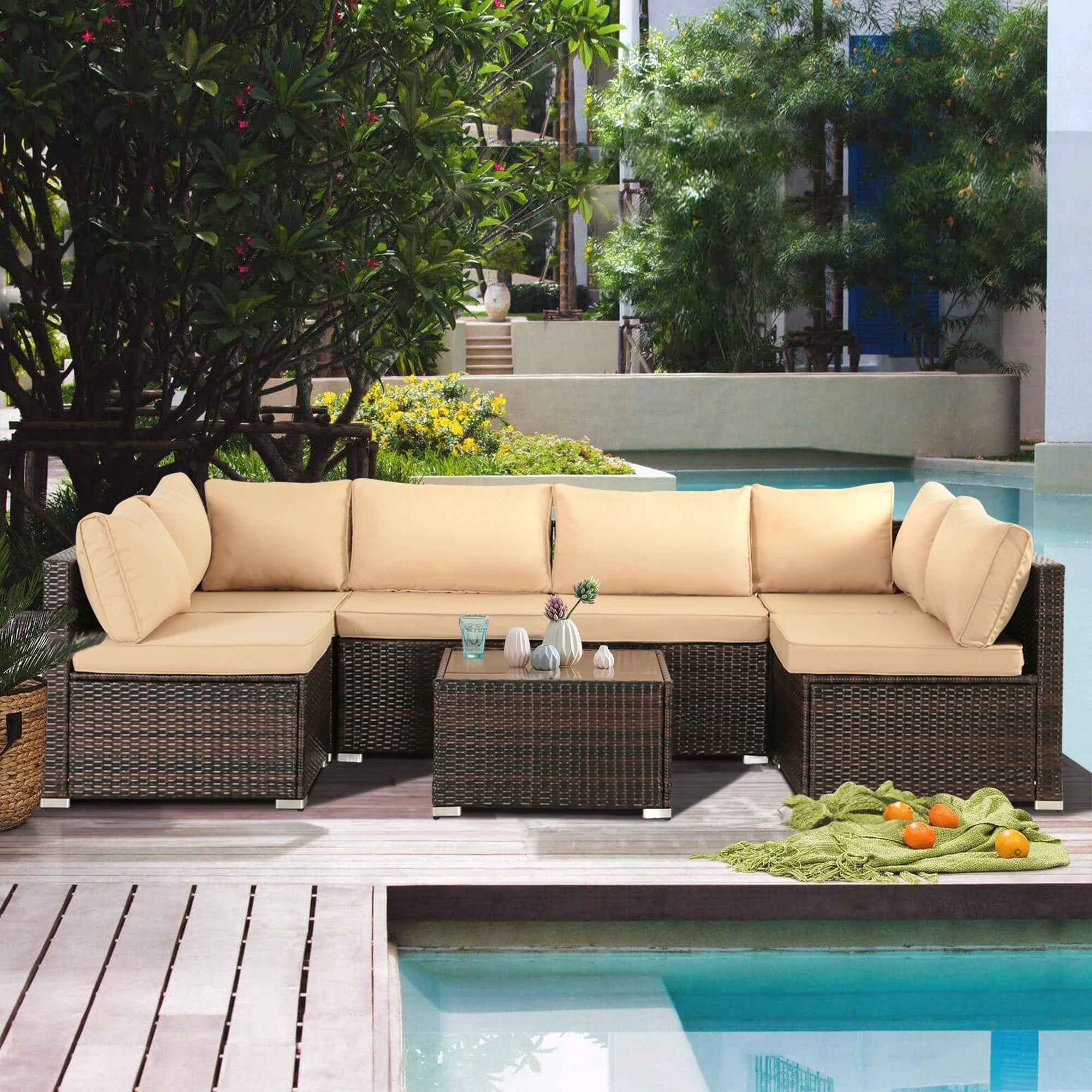 7 Pieces Outdoor Patio Furniture Set Modular Patio Set Wicker Outdoor Sectional Sofa Set PE Rattan Patio Conversation Sets with Cushions & Coffee Table for Outside, Garden, Poolside, Porch, Gray 7 Pieces Outdoor Patio Furniture Set Modular Patio Set Wicker Outdoor Sectional Sofa Set PE Rattan Patio Conversation Sets with Cushions & Coffee Table for Outside, Garden, Poolside, Porch, Gray