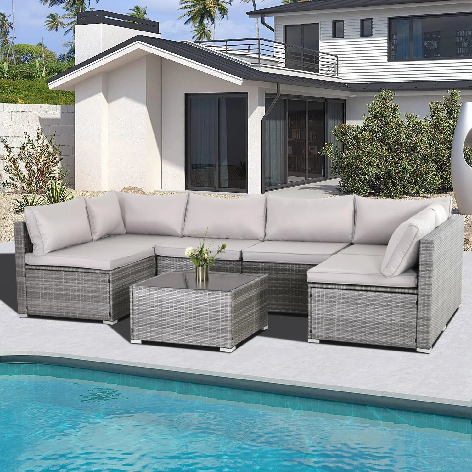 7 Pieces Outdoor Patio Furniture Set Modular Patio Set Wicker Outdoor Sectional Sofa Set PE Rattan Patio Conversation Sets with Cushions & Coffee Table for Outside, Garden, Poolside, Porch, Gray 7 Pieces Outdoor Patio Furniture Set Modular Patio Set Wicker Outdoor Sectional Sofa Set PE Rattan Patio Conversation Sets with Cushions & Coffee Table for Outside, Garden, Poolside, Porch, Gray