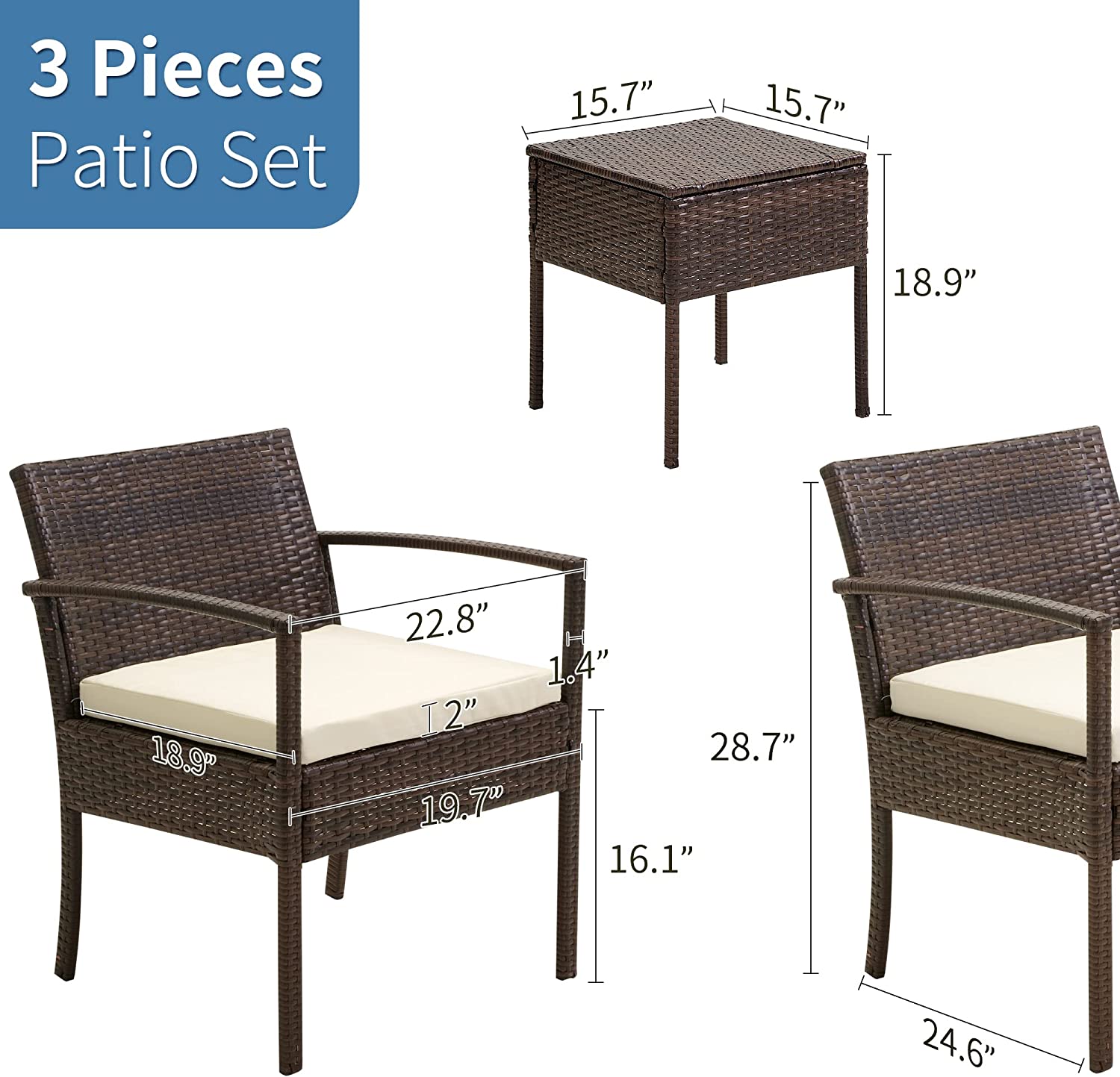 FHFO Outdoor Patio Furniture Set, 3 Pieces Patio Conversation Set, Wicker Rattan Bistro Table and Chairs with Cushions for Garden Balcony Backyard Porch Lawn, Black Rattan & Grey Cushion FHFO Outdoor Patio Furniture Set, 3 Pieces Patio Conversation Set, Wicker Rattan Bistro Table and Chairs with Cushions for Garden Balcony Backyard Porch Lawn, Black Rattan & Grey Cushion
