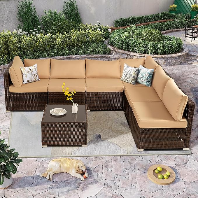 FHFO 7/8 Pieces Patio Furniture Set,Wicker Outdoor Conversation Set,Rattan Sectional Sofa Set w/Washable Cushions & Glass Coffee Table for Porch Poolside FHFO 7/8 Pieces Patio Furniture Set,Wicker Outdoor Conversation Set,Rattan Sectional Sofa Set w/Washable Cushions & Glass Coffee Table for Porch Poolside