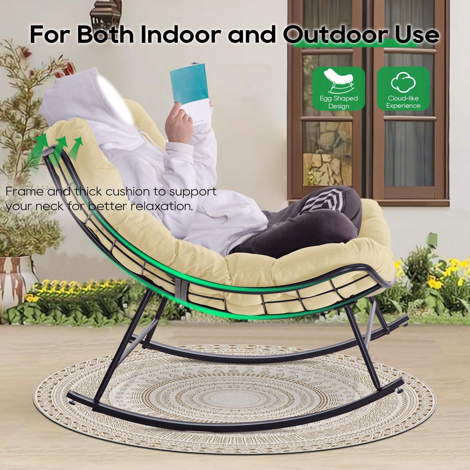 Patio Rocking Papasan Chair, Outdoor & Indoor Egg Reading Recliner Chair, Oversized Royal Comfy Lounge Rocker with Large Cushion and Ottoman for Bedroom, Living Room, Porch,Beige Patio Rocking Papasan Chair, Outdoor & Indoor Egg Reading Recliner Chair, Oversized Royal Comfy Lounge Rocker with Large Cushion and Ottoman for Bedroom, Living Room, Porch,Beige