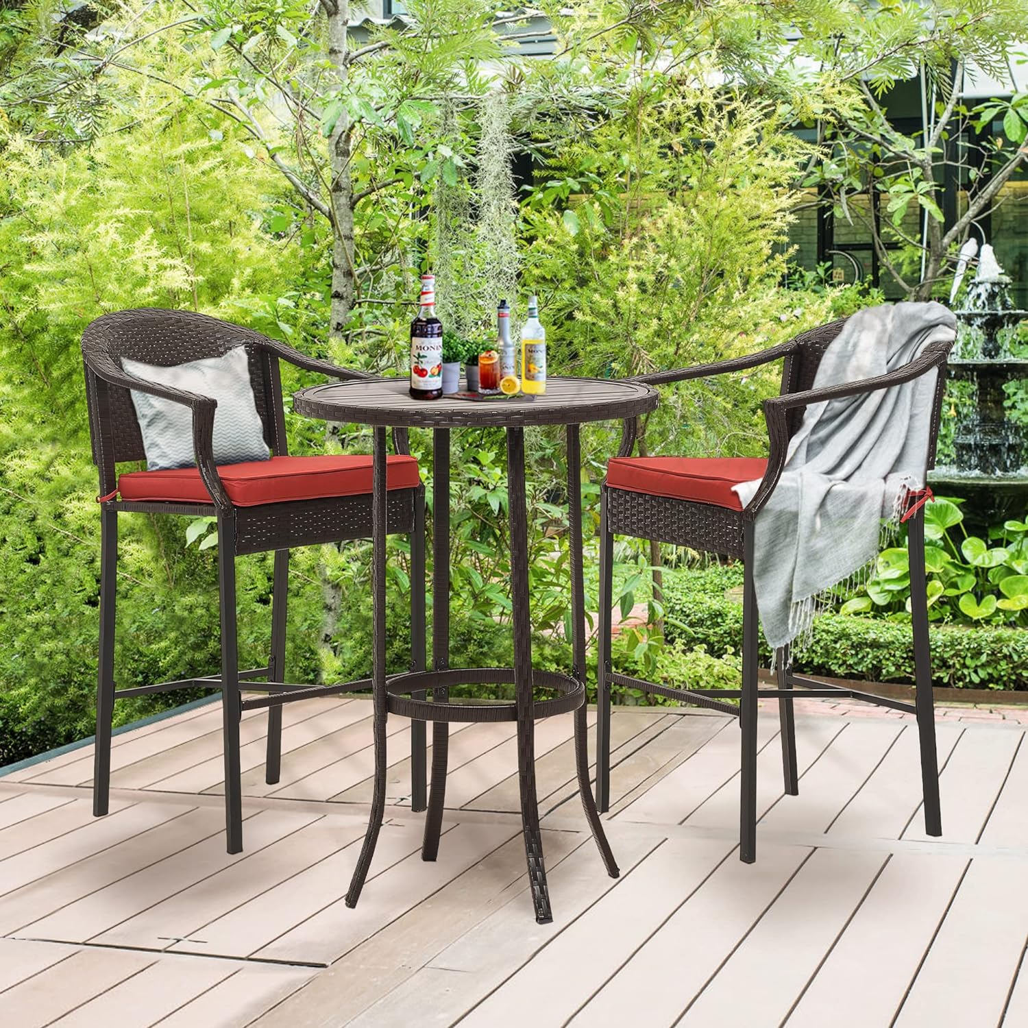 3 Piece Patio Bar Set, Outdoor Rattan Wicker Bar Height Table and Chairs Set, High Top Bistro Set with Pub Table and 2 Cushioned Stools, Outdoor Furniture Set for Backyard Poolside Porch, Red 3 Piece Patio Bar Set, Outdoor Rattan Wicker Bar Height Table and Chairs Set, High Top Bistro Set with Pub Table and 2 Cushioned Stools, Outdoor Furniture Set for Backyard Poolside Porch, Red