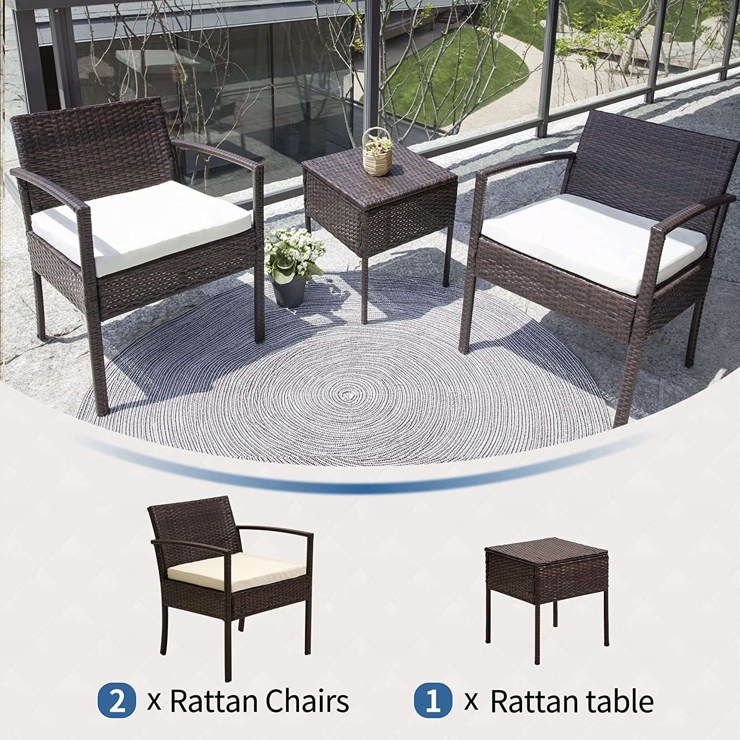FHFO Outdoor Patio Furniture Set, 3 Pieces Patio Conversation Set, Wicker Rattan Bistro Table and Chairs with Cushions for Garden Balcony Backyard Porch Lawn, Black Rattan & Grey Cushion FHFO Outdoor Patio Furniture Set, 3 Pieces Patio Conversation Set, Wicker Rattan Bistro Table and Chairs with Cushions for Garden Balcony Backyard Porch Lawn, Black Rattan & Grey Cushion