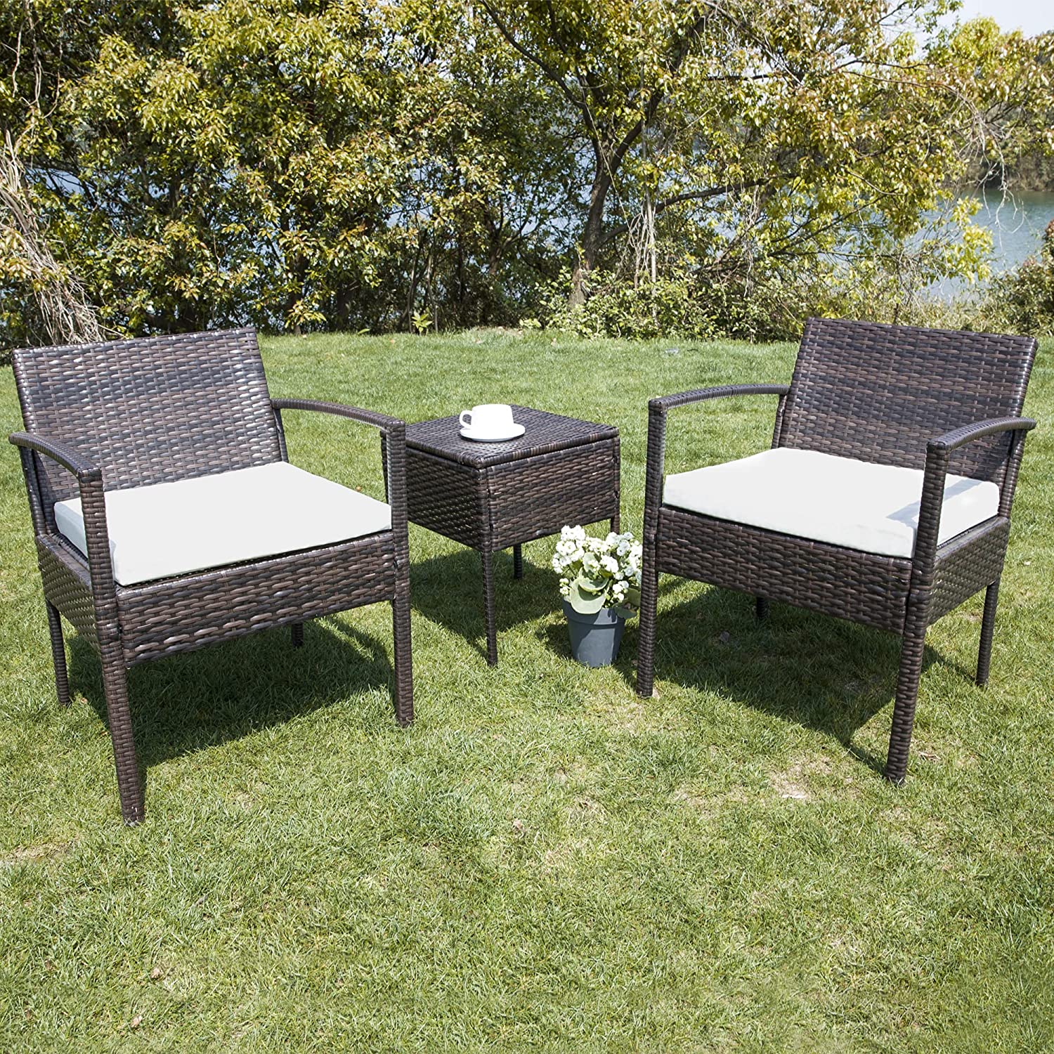 FHFO Outdoor Patio Furniture Set, 3 Pieces Patio Conversation Set, Wicker Rattan Bistro Table and Chairs with Cushions for Garden Balcony Backyard Porch Lawn, Black Rattan & Grey Cushion FHFO Outdoor Patio Furniture Set, 3 Pieces Patio Conversation Set, Wicker Rattan Bistro Table and Chairs with Cushions for Garden Balcony Backyard Porch Lawn, Black Rattan & Grey Cushion