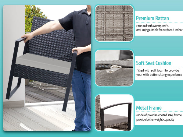 FHFO 3 Pieces Patio Furniture Set, Outdoor Wicker Conversation Bistro Set w/ 2 Chairs, 2 Cushions, Glass Coffee Table for Garden Balcony Backyard Porch Lawn - Black Wicker & Grey Cushions FHFO 3 Pieces Patio Furniture Set, Outdoor Wicker Conversation Bistro Set w/ 2 Chairs, 2 Cushions, Glass Coffee Table for Garden Balcony Backyard Porch Lawn - Black Wicker & Grey Cushions