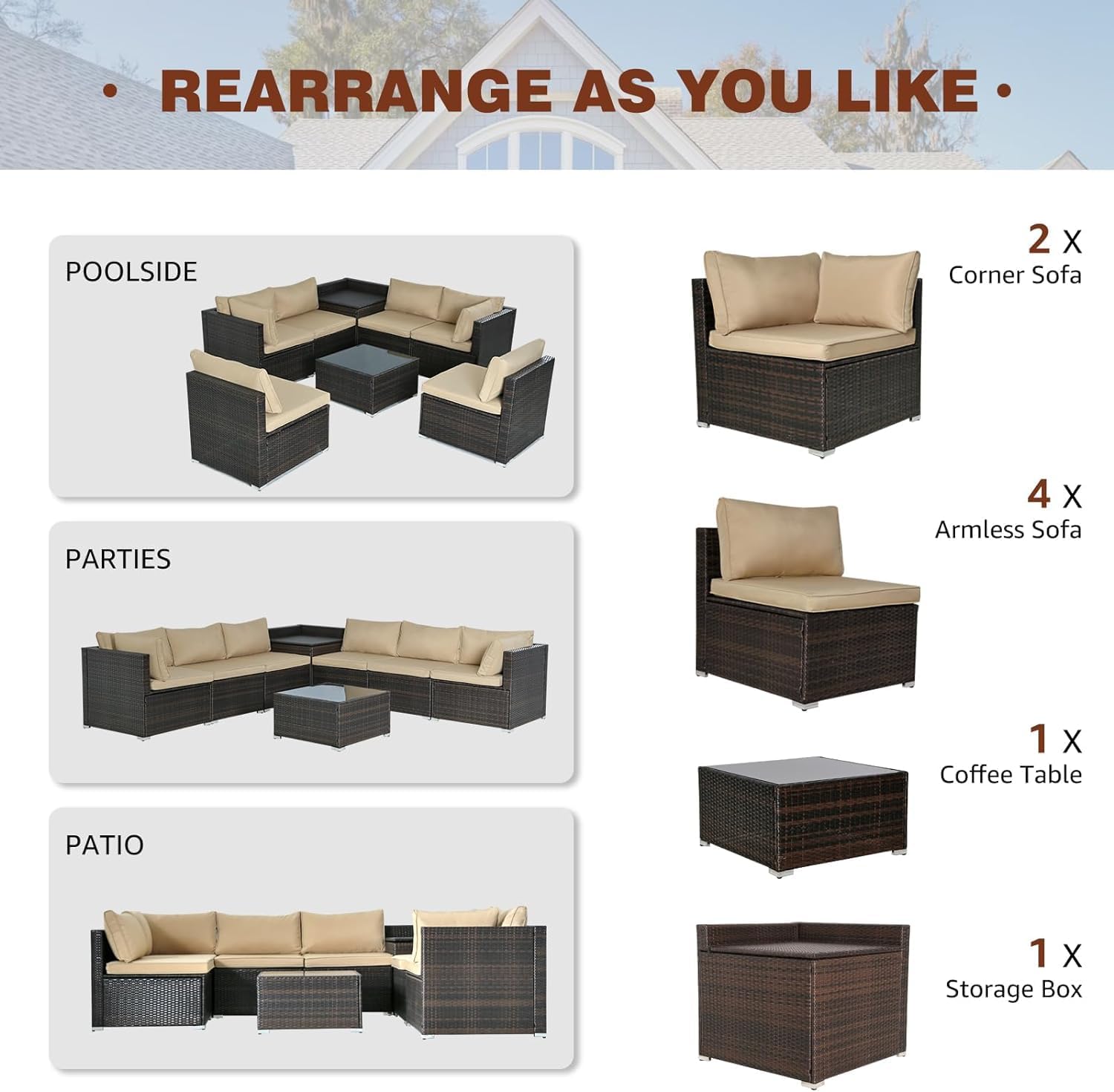 FHFO 7/8 Pieces Patio Furniture Set,Wicker Outdoor Conversation Set,Rattan Sectional Sofa Set w/Washable Cushions & Glass Coffee Table for Porch Poolside FHFO 7/8 Pieces Patio Furniture Set,Wicker Outdoor Conversation Set,Rattan Sectional Sofa Set w/Washable Cushions & Glass Coffee Table for Porch Poolside