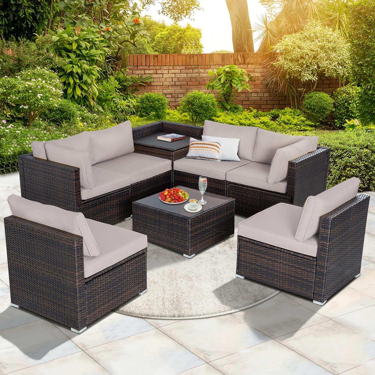 FHFO 7/8 Pieces Patio Furniture Set,Wicker Outdoor Conversation Set,Rattan Sectional Sofa Set w/Washable Cushions & Glass Coffee Table for Porch Poolside FHFO 7/8 Pieces Patio Furniture Set,Wicker Outdoor Conversation Set,Rattan Sectional Sofa Set w/Washable Cushions & Glass Coffee Table for Porch Poolside