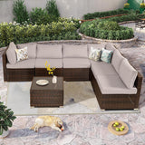 FHFO 7/8 Pieces Patio Furniture Set,Wicker Outdoor Conversation Set,Rattan Sectional Sofa Set w/Washable Cushions & Glass Coffee Table for Porch Poolside FHFO 7/8 Pieces Patio Furniture Set,Wicker Outdoor Conversation Set,Rattan Sectional Sofa Set w/Washable Cushions & Glass Coffee Table for Porch Poolside