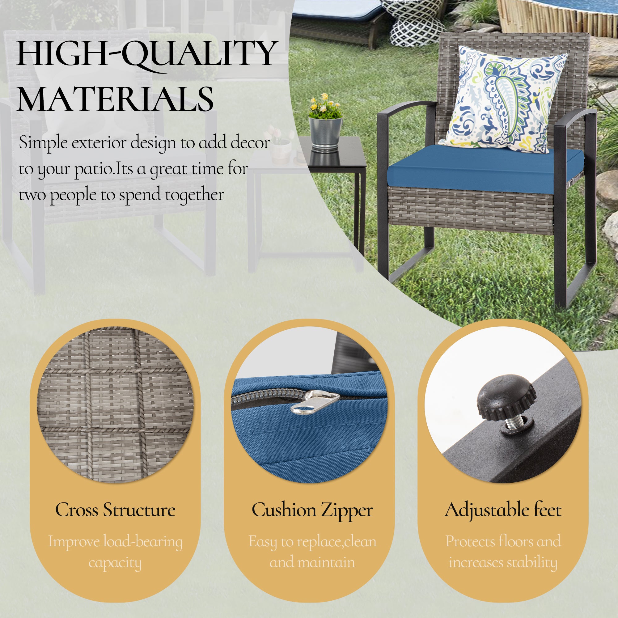 FHFO 3 Pieces Patio Furniture Set, Outdoor Wicker Conversation Bistro Set w/ 2 Chairs, 2 Cushions, Glass Coffee Table for Garden Balcony Backyard Porch Lawn FHFO 3 Pieces Patio Furniture Set, Outdoor Wicker Conversation Bistro Set w/ 2 Chairs, 2 Cushions, Glass Coffee Table for Garden Balcony Backyard Porch Lawn
