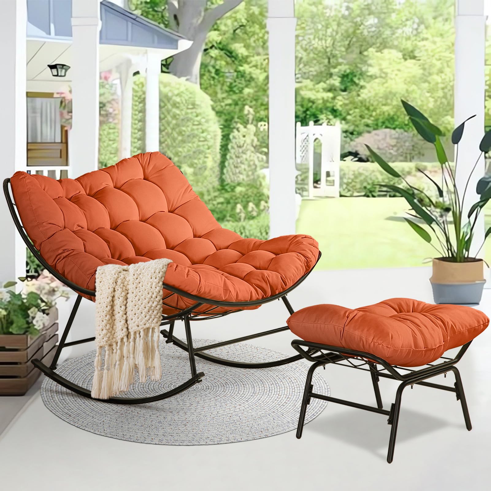 Patio Rocking Papasan Chair, Outdoor & Indoor Egg Reading Recliner Chair, Oversized Royal Comfy Lounge Rocker with Large Cushion and Ottoman for Bedroom, Living Room, Porch,Beige Patio Rocking Papasan Chair, Outdoor & Indoor Egg Reading Recliner Chair, Oversized Royal Comfy Lounge Rocker with Large Cushion and Ottoman for Bedroom, Living Room, Porch,Beige