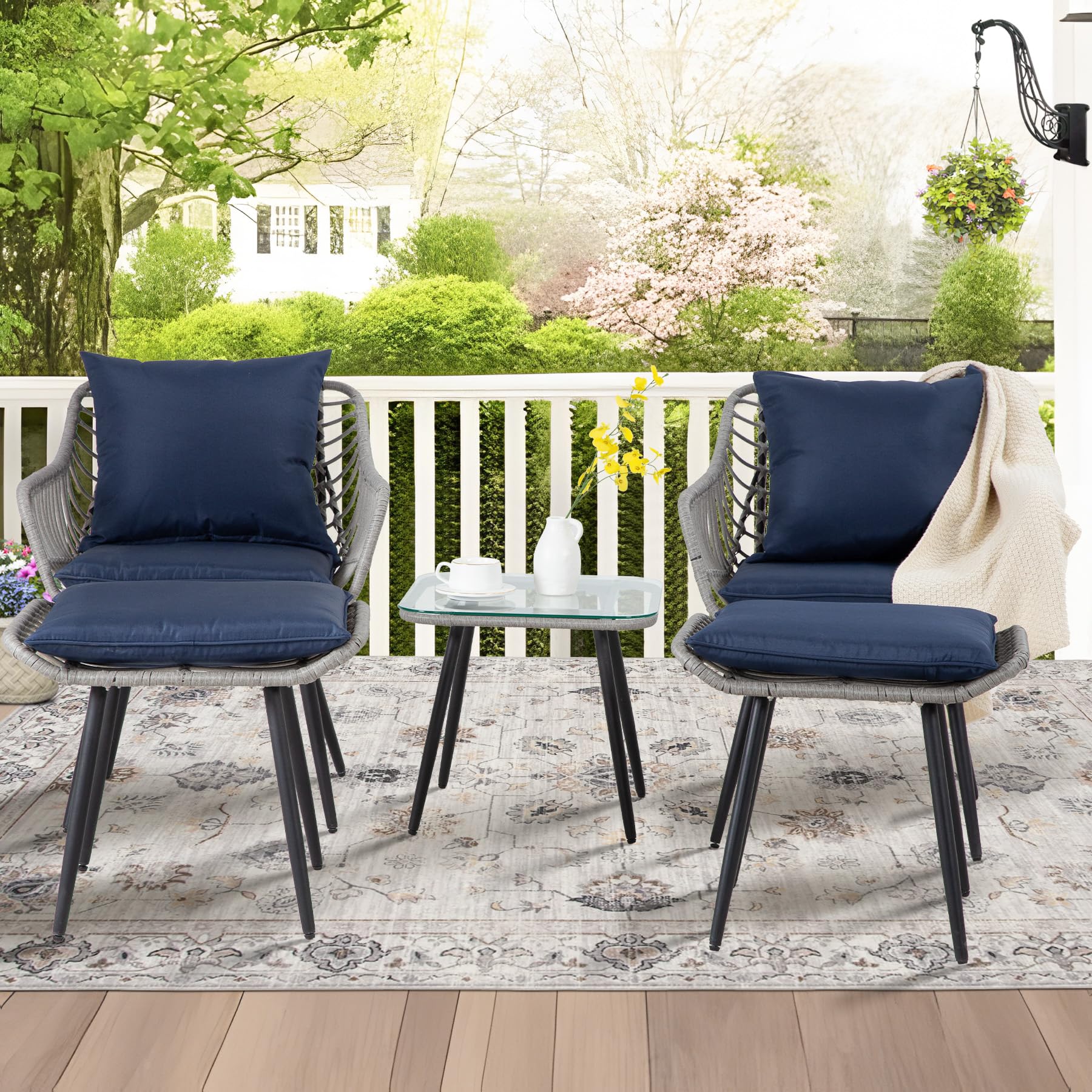 5  Piece Patio Bistro Set with Ottoman, Outdoor Wicker Apartment Balcony Furniture Sets, Rattan Table and Chairs Set of 2 for Porch Backyard Lawn Poolside Deck (Gray/Blue) 5  Piece Patio Bistro Set with Ottoman, Outdoor Wicker Apartment Balcony Furniture Sets, Rattan Table and Chairs Set of 2 for Porch Backyard Lawn Poolside Deck (Gray/Blue)