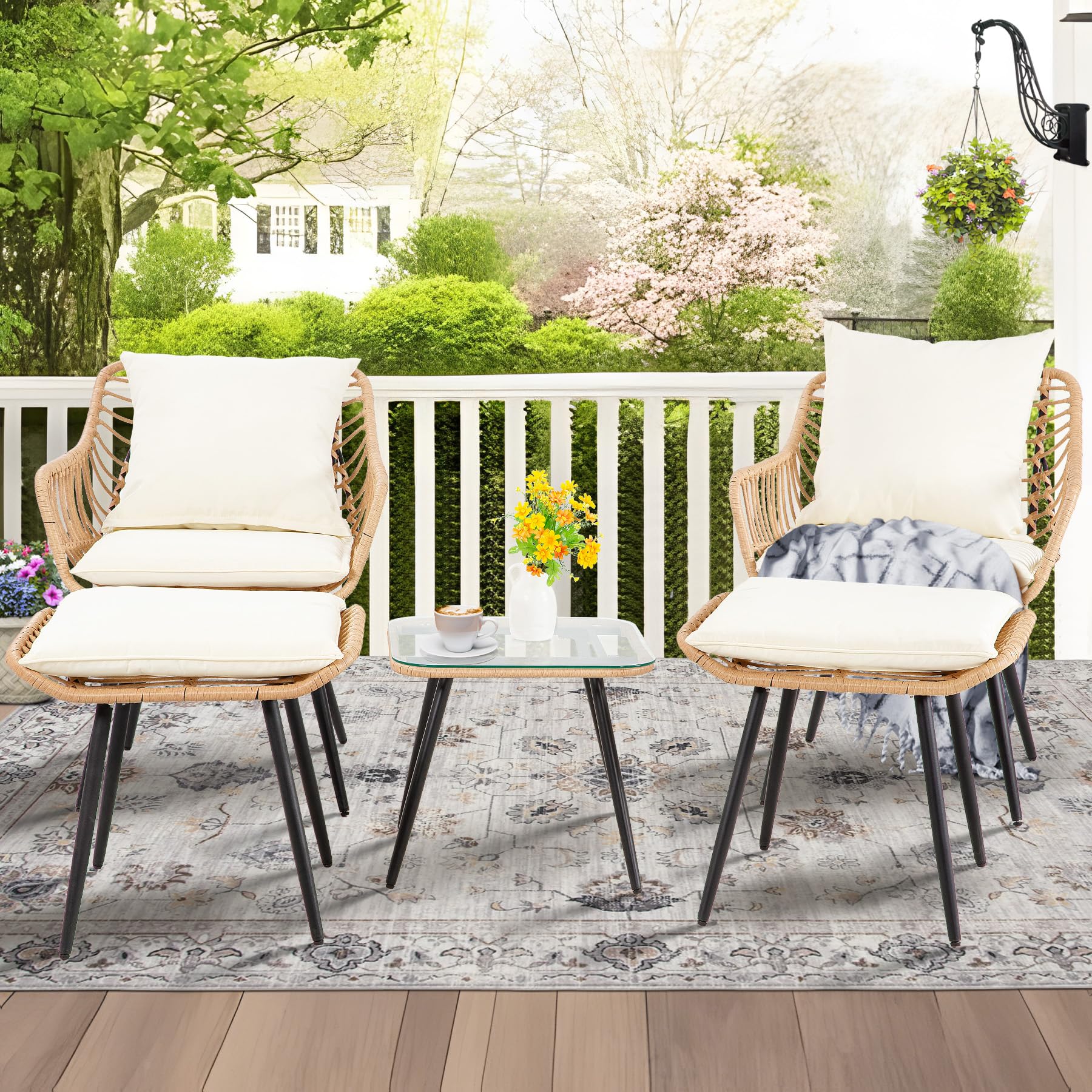 5  Piece Patio Bistro Set with Ottoman, Outdoor Wicker Apartment Balcony Furniture Sets, Rattan Table and Chairs Set of 2 for Porch Backyard Lawn Poolside Deck (Gray/Blue) 5  Piece Patio Bistro Set with Ottoman, Outdoor Wicker Apartment Balcony Furniture Sets, Rattan Table and Chairs Set of 2 for Porch Backyard Lawn Poolside Deck (Gray/Blue)