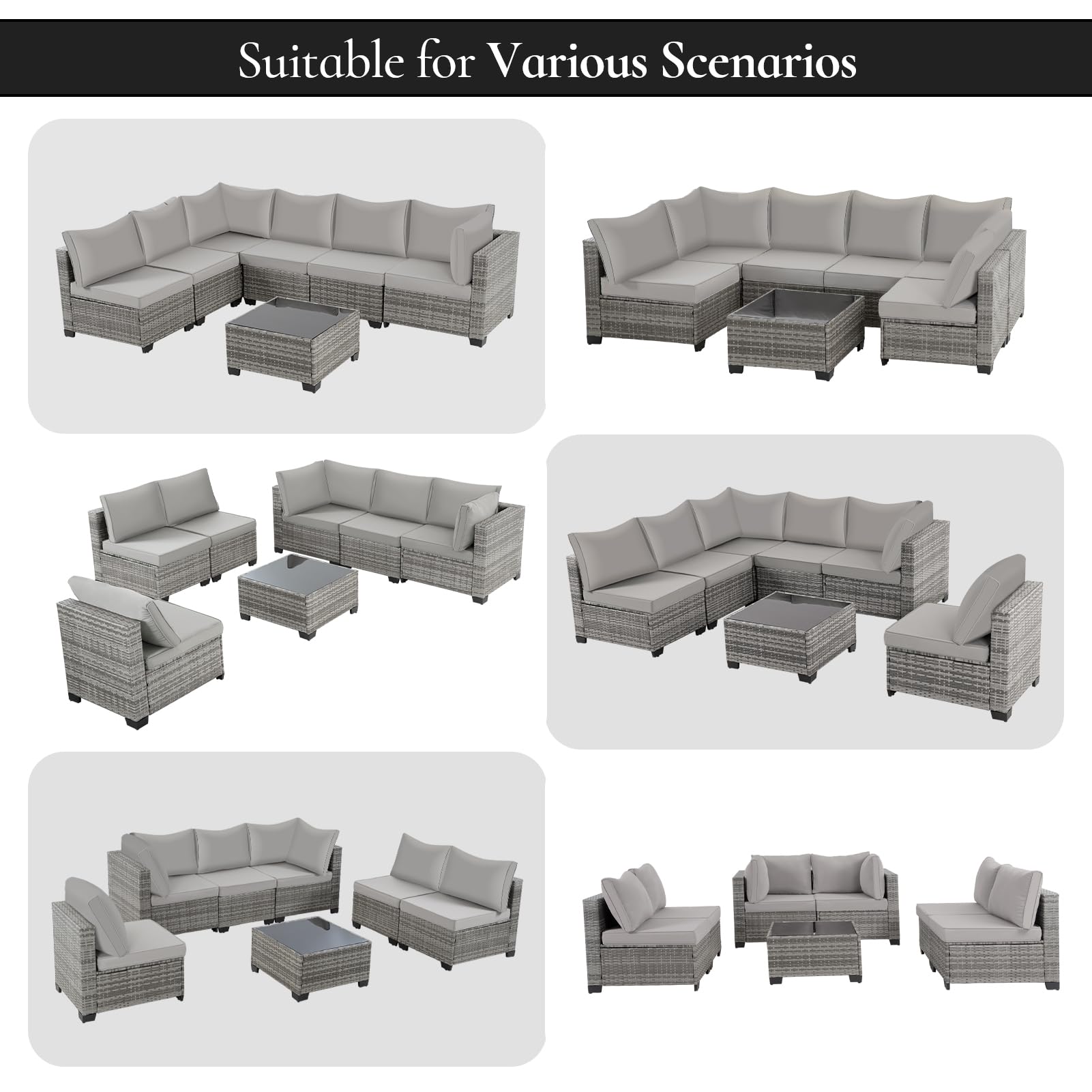 7 Pieces Outdoor Patio Furniture Set Modular Patio Set Wicker Outdoor Sectional Sofa Set PE Rattan Patio Conversation Sets with Cushions & Coffee Table for Outside, Garden, Poolside, Porch, Gray 7 Pieces Outdoor Patio Furniture Set Modular Patio Set Wicker Outdoor Sectional Sofa Set PE Rattan Patio Conversation Sets with Cushions & Coffee Table for Outside, Garden, Poolside, Porch, Gray