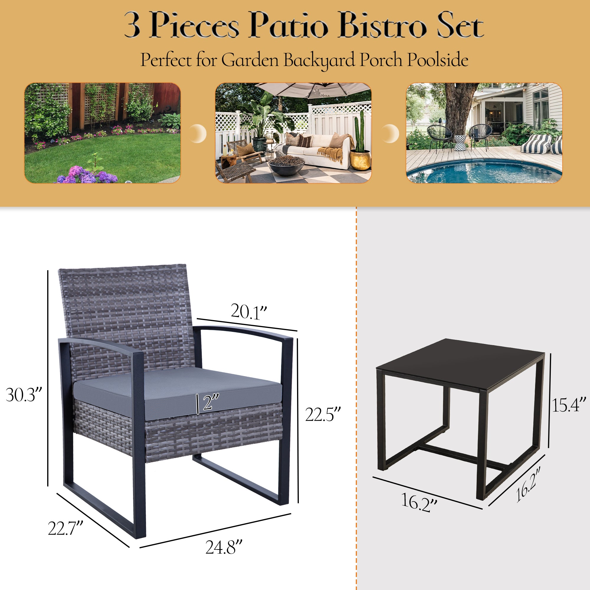 FHFO 3 Pieces Patio Furniture Set, Outdoor Wicker Conversation Bistro Set w/ 2 Chairs, 2 Cushions, Glass Coffee Table for Garden Balcony Backyard Porch Lawn - Brown Wicker & White Cushions