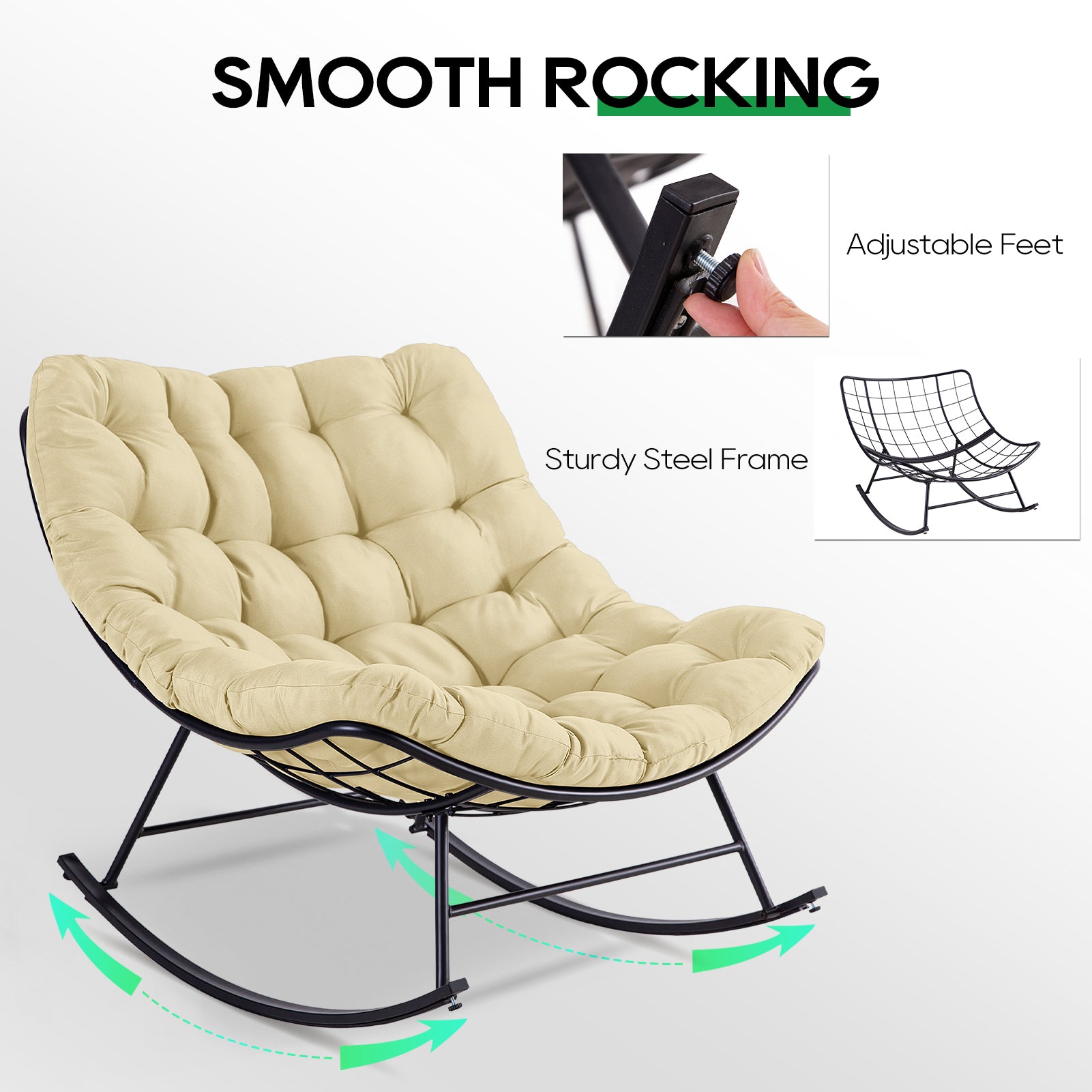 Patio Rocking Papasan Chair, Outdoor & Indoor Egg Reading Recliner Chair, Oversized Royal Comfy Lounge Rocker with Large Cushion and Ottoman for Bedroom, Living Room, Porch,Beige