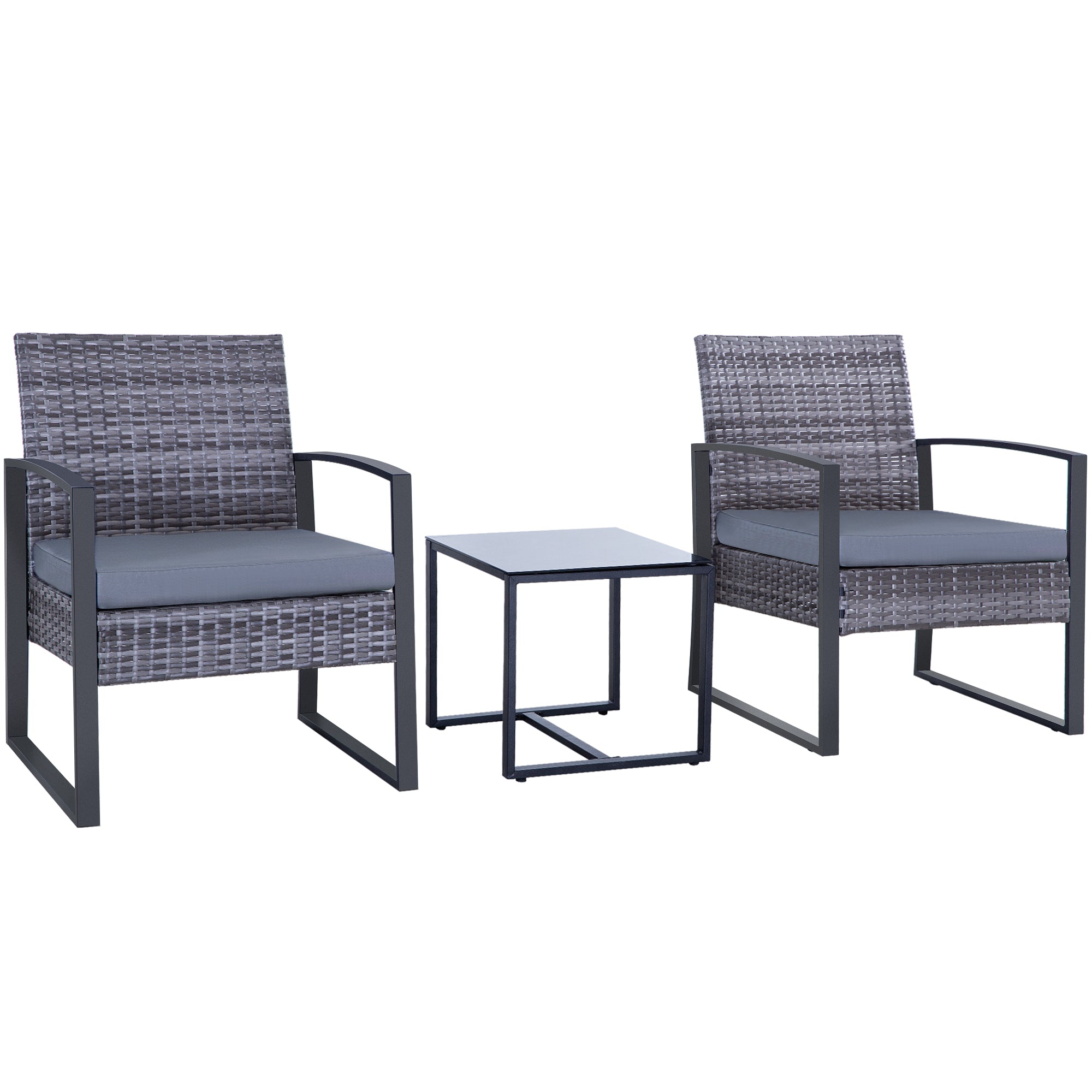 FHFO 3 Pieces Patio Furniture Set, Outdoor Wicker Conversation Bistro Set w/ 2 Chairs, 2 Cushions, Glass Coffee Table for Garden Balcony Backyard Porch Lawn - Brown Wicker & White Cushions