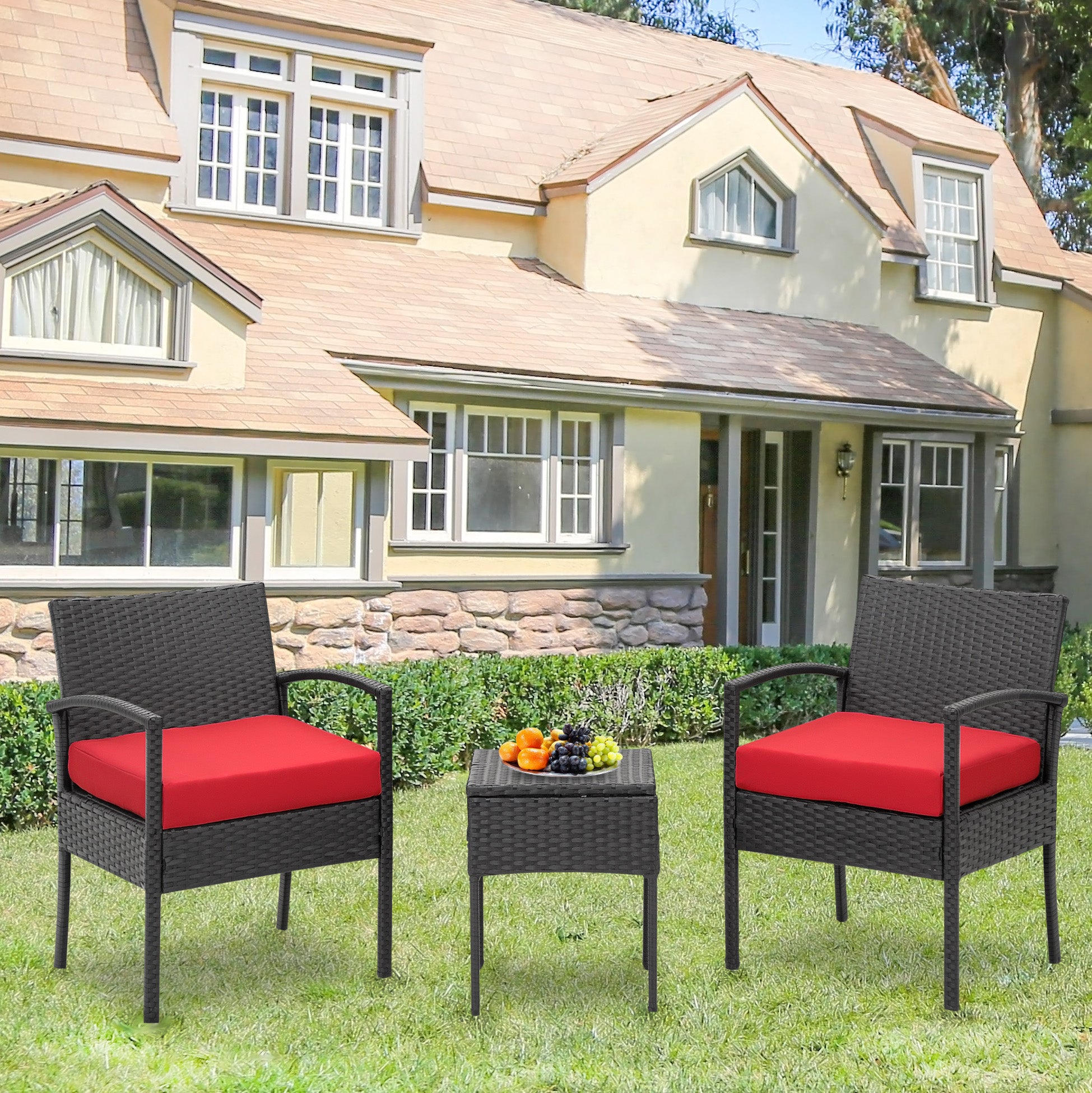 FHFO 3 Pieces Wicker Bistro Set, Outdoor Rattan Patio Conversation Set with Thickened Cushions for Garden Balcony Backyard Porch Lawn, Black Rattan & Red Cushion