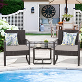 FHFO 3 Pieces Patio Furniture Set, Outdoor Wicker Conversation Bistro Set w/ 2 Chairs, 2 Cushions, Glass Coffee Table for Garden Balcony Backyard Porch Lawn